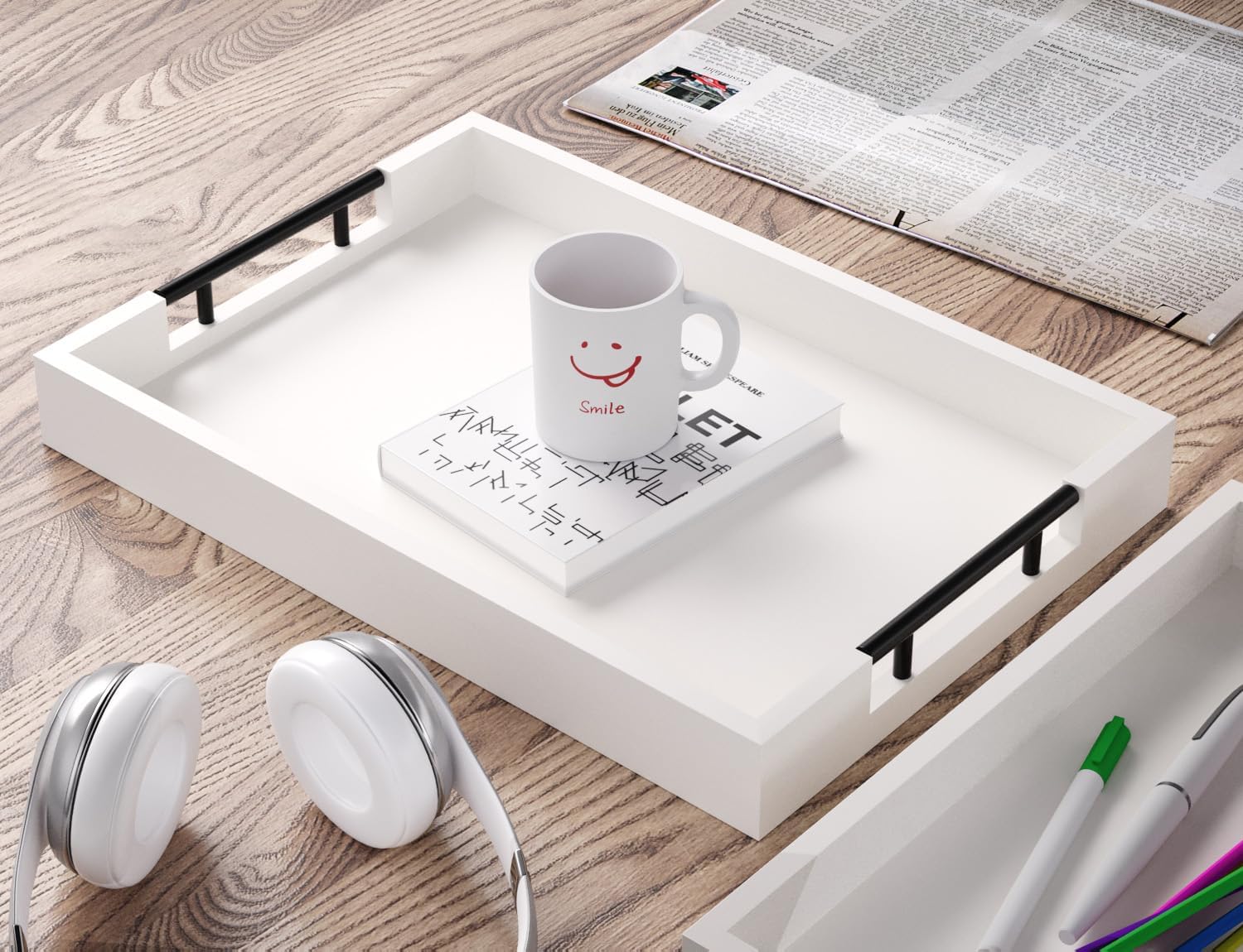 Bamboo Set of 2 Serving Tray with Metal Handles,Ottoman Decorative Trays Platter for Coffee Table,Living Room,Bar,Party(Black)