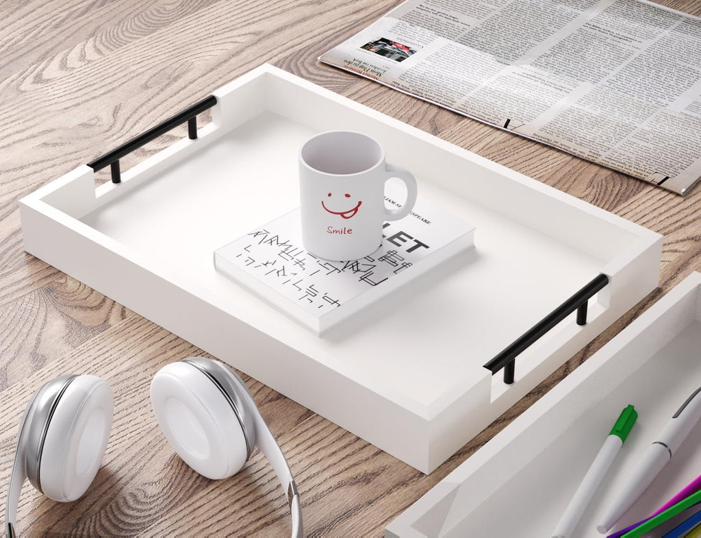 Bamboo Set of 2 Serving Tray with Metal Handles,Ottoman Decorative Trays Platter for Coffee Table,Living Room,Bar,Party(Black)