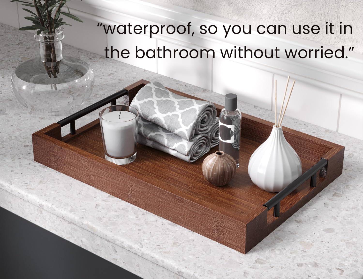 Bamboo Set of 2 Serving Tray with Metal Handles,Ottoman Decorative Trays Platter for Coffee Table,Living Room,Bar,Party(Black)