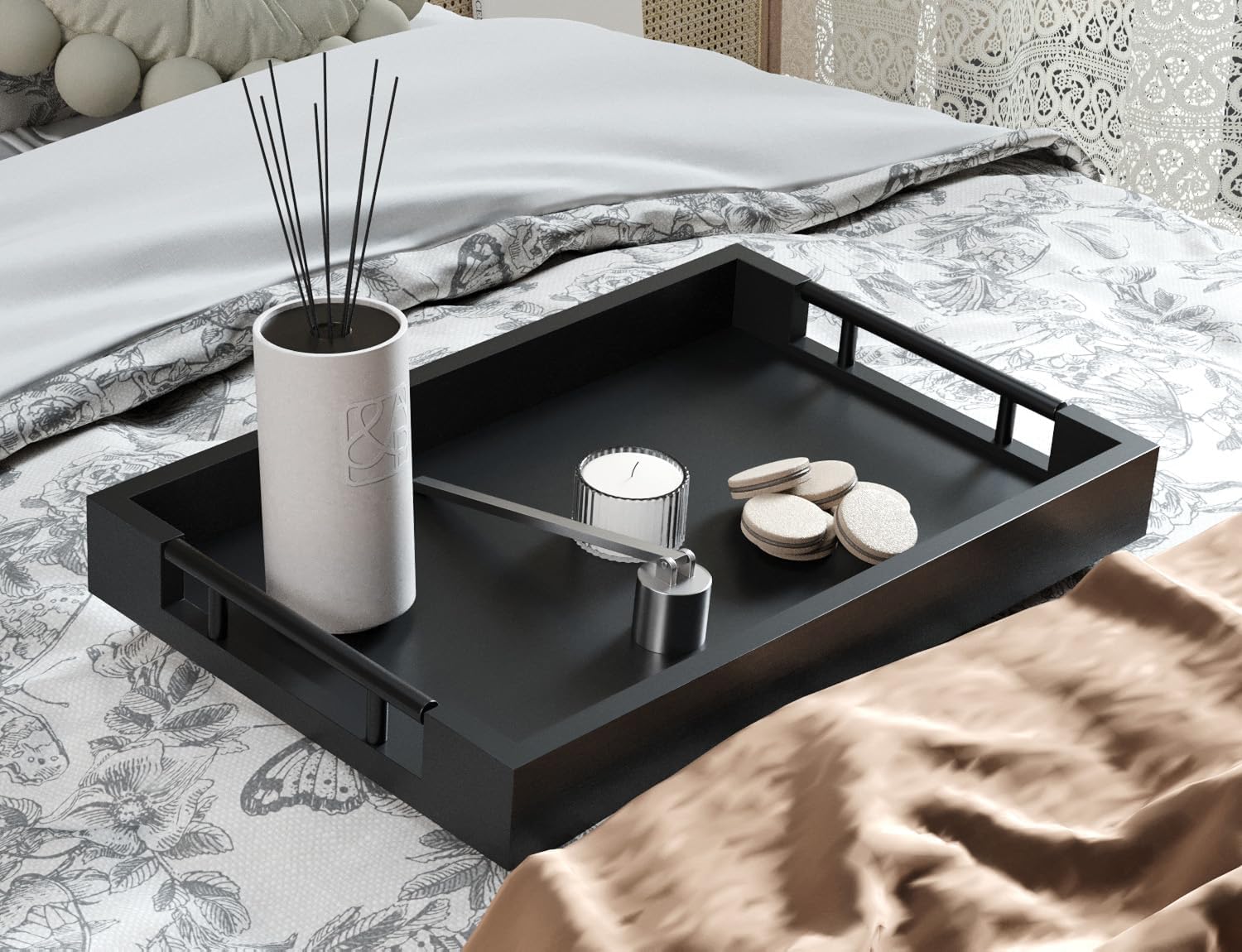 Bamboo Set of 2 Serving Tray with Metal Handles,Ottoman Decorative Trays Platter for Coffee Table,Living Room,Bar,Party(Black)