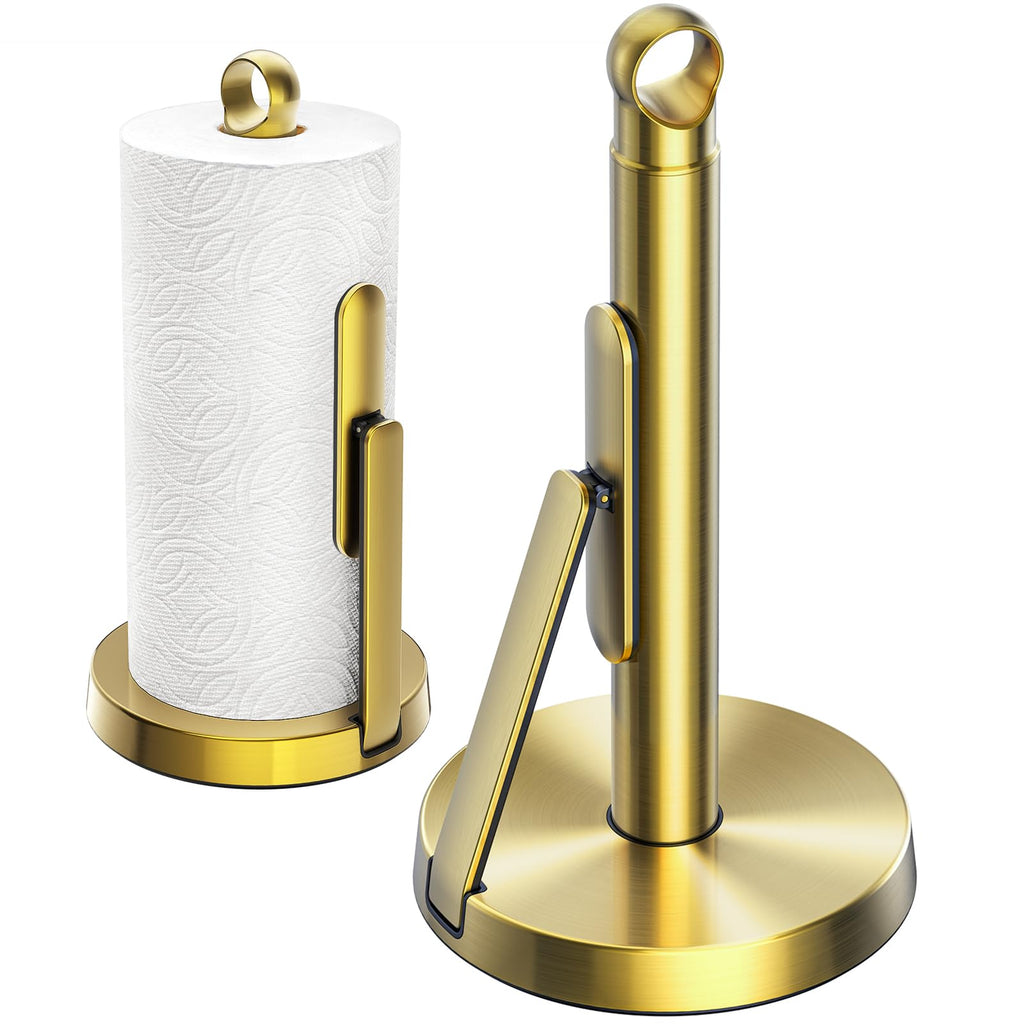 theaoo Heavy-Duty Stainless Steel Paper Towel Holder with Tension Arm – Easy One-Handed Tear, Modern Standing Countertop Dispenser for Kitchen, Holds All Paper Towel Rolls (1, Black)