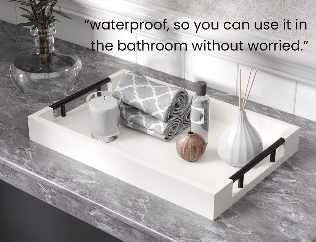 Bamboo Set of 2 Serving Tray with Metal Handles,Ottoman Decorative Trays Platter for Coffee Table,Living Room,Bar,Party(Black)