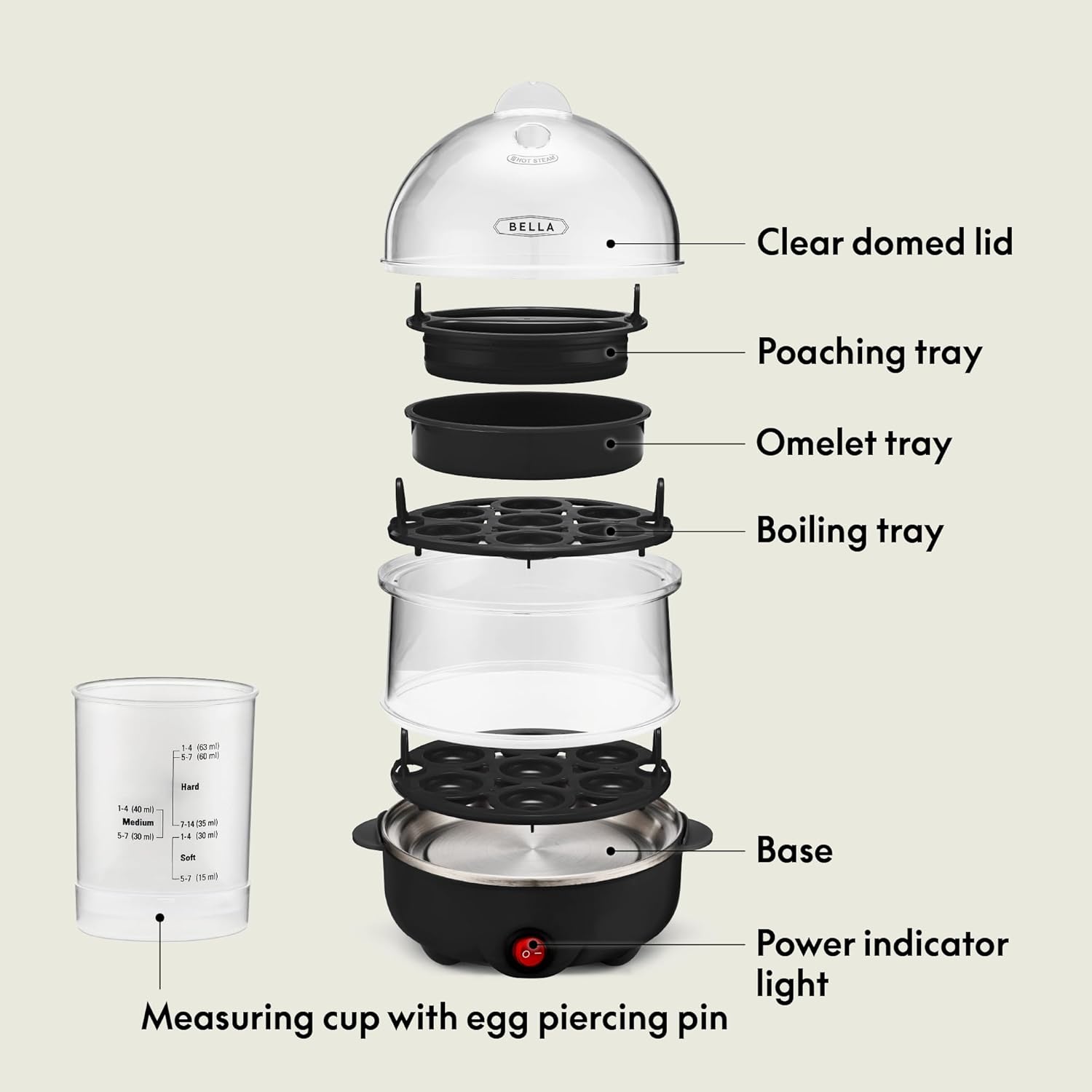 BELLA Double Tier Egg Cooker, Rapid Boiler & Poacher, Meal Prep Essential, Family Sized Meals: Make Up To 14 Large Boiled Eggs, Dishwasher Safe Parts, Poaching Tray Included, Black