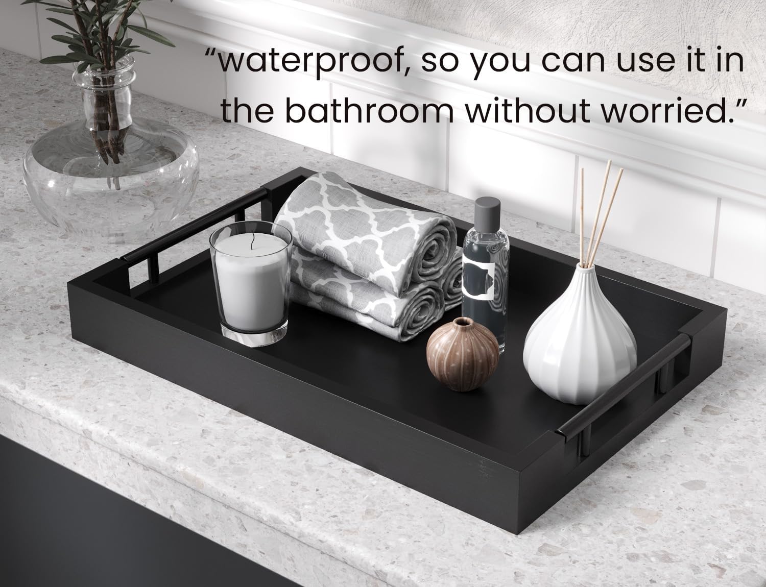 Bamboo Set of 2 Serving Tray with Metal Handles,Ottoman Decorative Trays Platter for Coffee Table,Living Room,Bar,Party(Black)