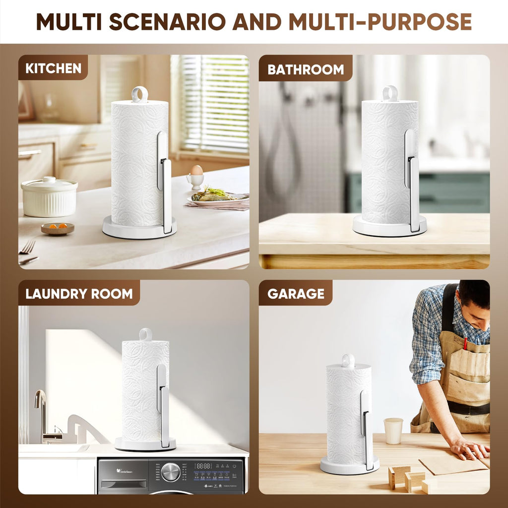 theaoo Heavy-Duty Stainless Steel Paper Towel Holder with Tension Arm – Easy One-Handed Tear, Modern Standing Countertop Dispenser for Kitchen, Holds All Paper Towel Rolls (1, Black)