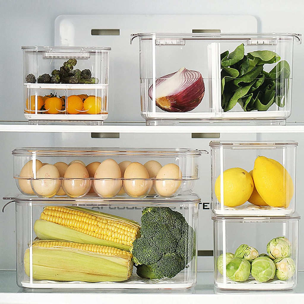 elabo Fruit Storage Containers for Fridge Fresh Produce Saver -3 Pack Stackable Fridge Organizers Bins with Lids, Drain Tray, Food Storage Container for Vegetables, Lettuce, Salad and Berry, BPA-free