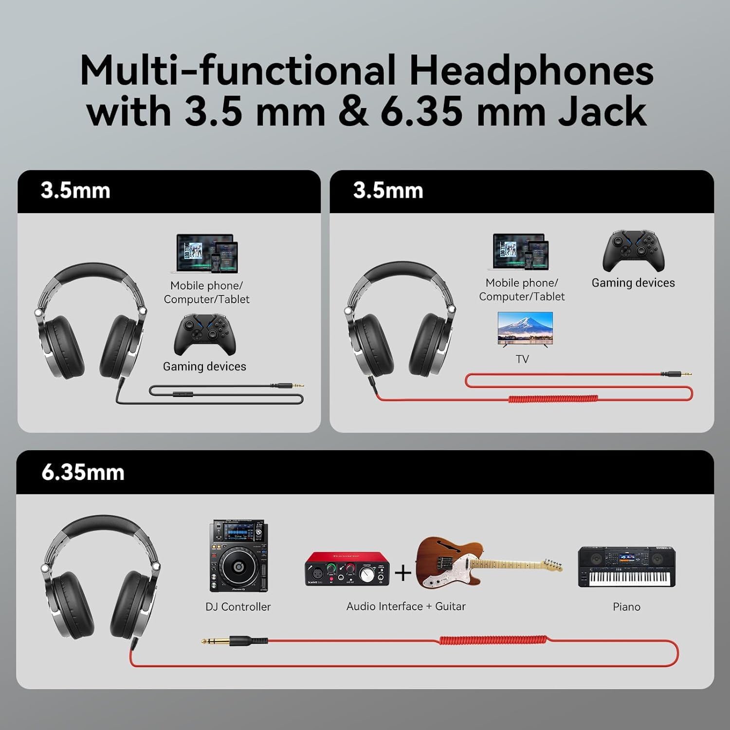 OneOdio Wired Over Ear Headphones Hi-Res Studio Monitor & Mixing DJ Stereo Headsets with 50mm Drivers and 1/4 to 3.5mm Jack for AMP Computer Recording Podcast Keyboard Guitar Laptop - Black