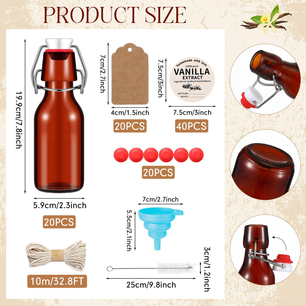 Vesici 8 Sets Swing Top Glass Bottles Set Amber Homemade Vanilla Extract Bottles Vanilla Extract Jars for Christmas DIY Crafts (4 oz)