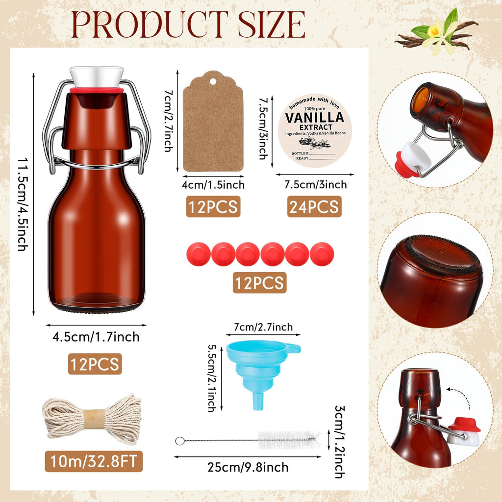 Vesici 8 Sets Swing Top Glass Bottles Set Amber Homemade Vanilla Extract Bottles Vanilla Extract Jars for Christmas DIY Crafts (4 oz)