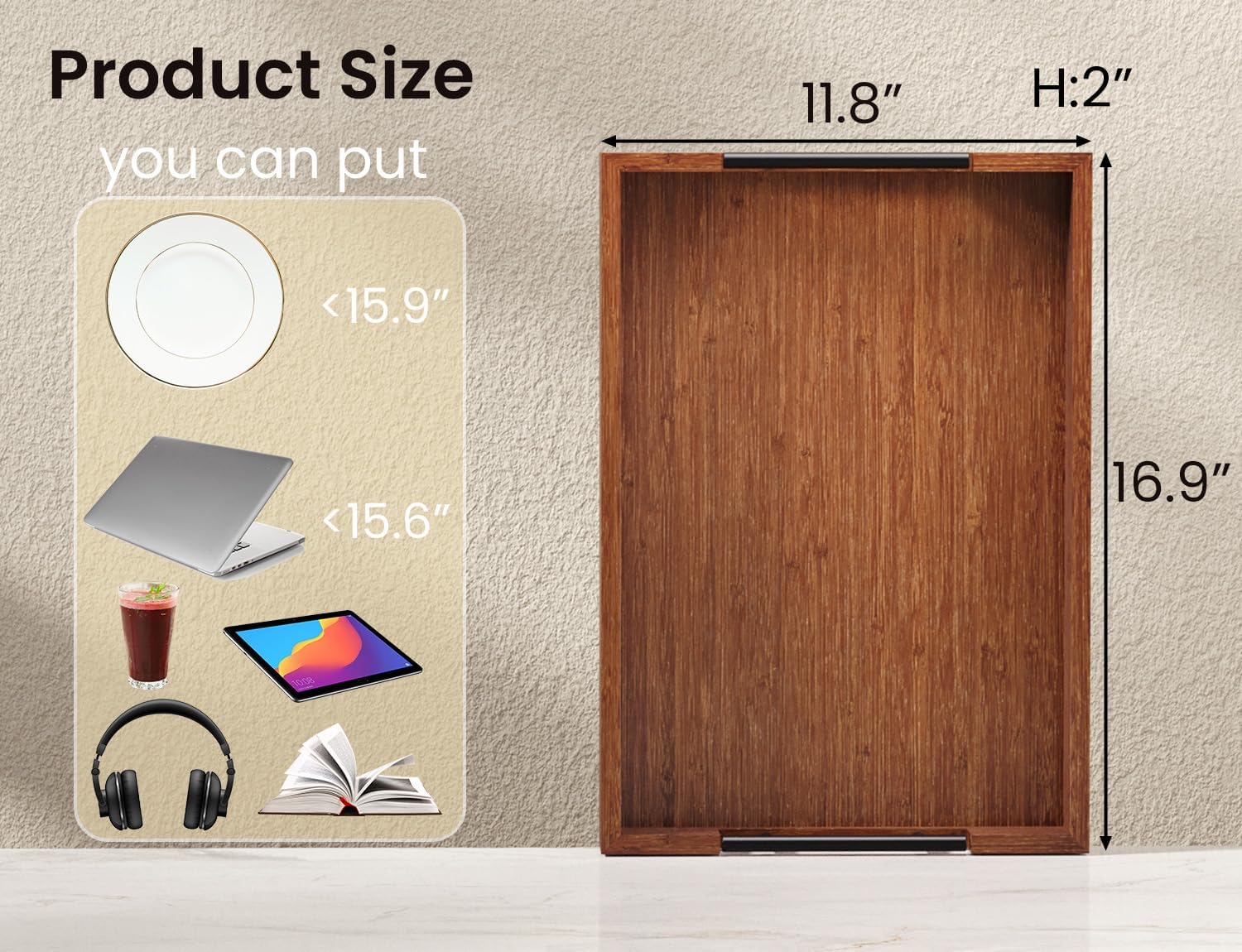 Bamboo Set of 2 Serving Tray with Metal Handles,Ottoman Decorative Trays Platter for Coffee Table,Living Room,Bar,Party(Black)