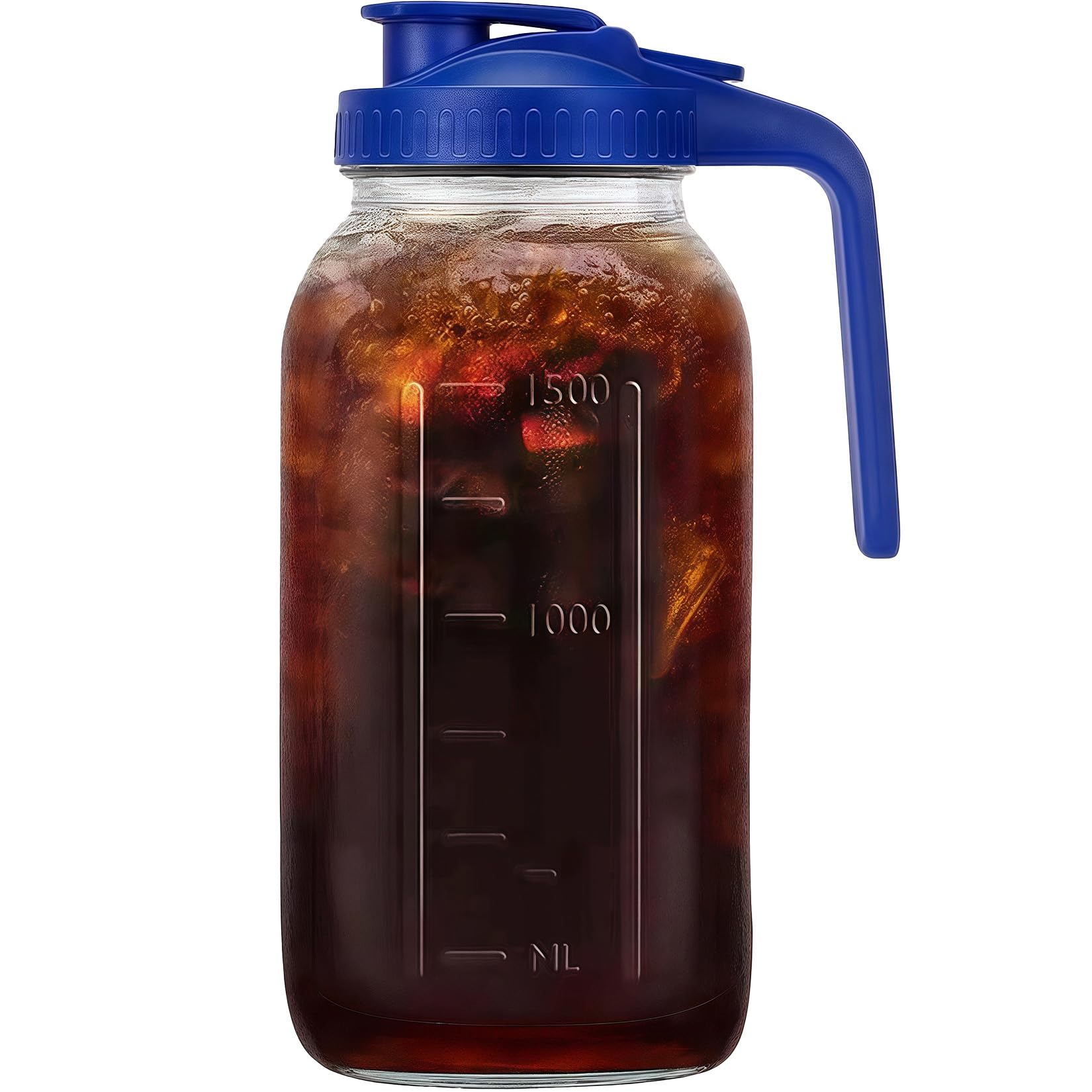 64oz Glass Pitcher with Handle and Lid, 2 Quart Mason Jar Pitcher - Airtight & Leakproof Water Jug with Pour Spout Lid, Glass Containers for Fridge, Perfect for Juice, Cold Brew, Iced & Sun Tea