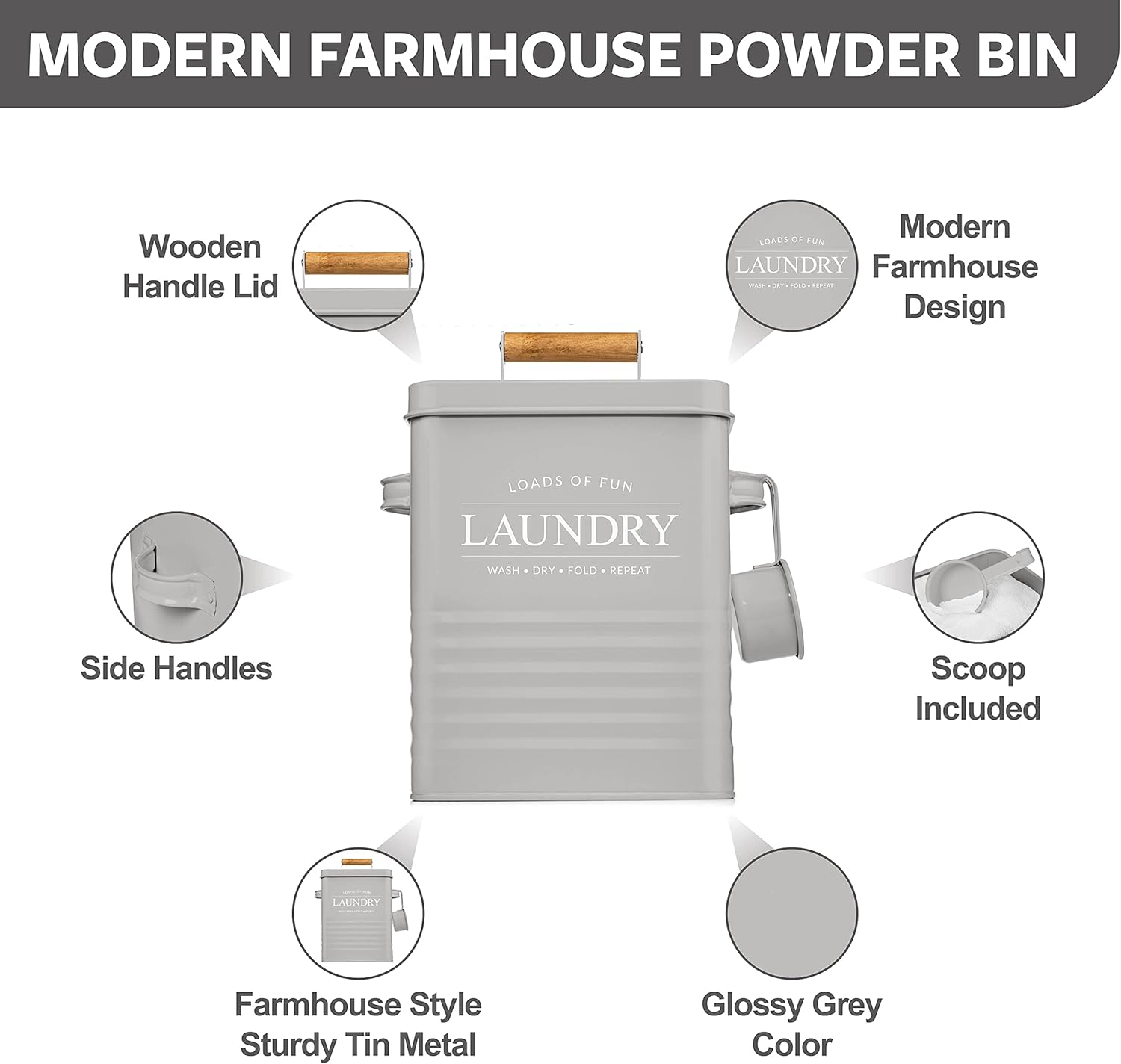 Calindiana Modern Farmhouse Metal Laundry Soap Dispenser Container Holder with Scoop for Laundry Room Decor and Space Saving Laundry Room Organization and Storage, Laundry Powder Container, Black