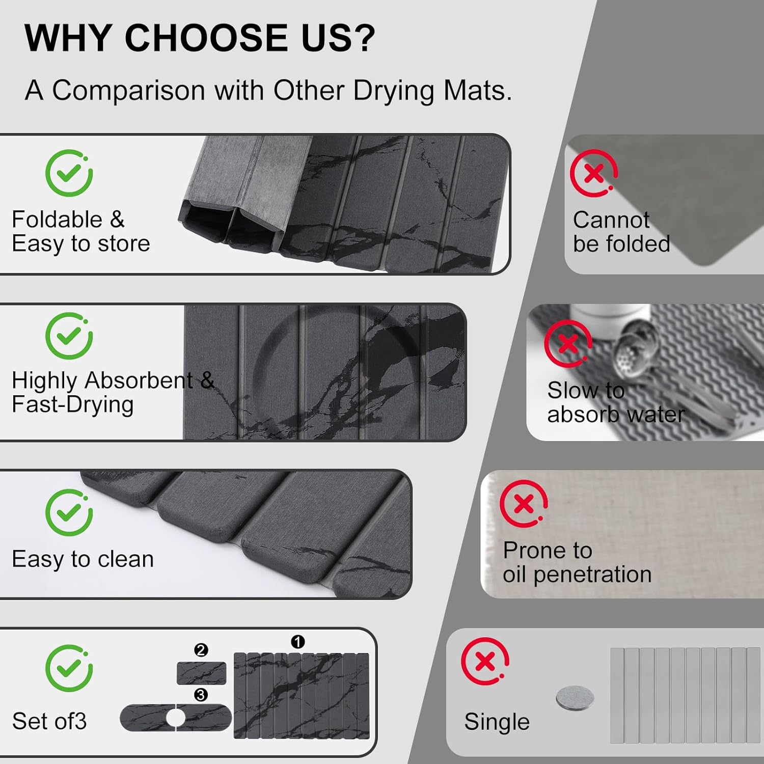 3 PCS Large Stone Dish Drying Mat for Kitchen Counter, Quick Dry Stone Dishes Mats, Sink Faucet Mat, Marble Water Absorbing Diatomaceous Earth Drying Pad for Countertop Tableware, Bottles, Cups