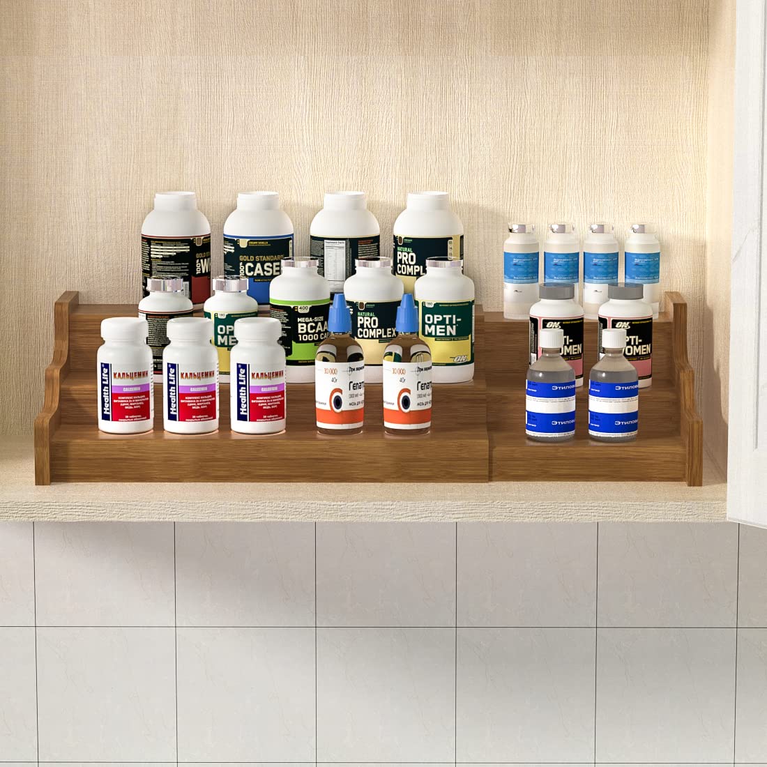 Spice Rack Kitchen Cabinet Organizer- 3 Tier Bamboo Expandable Display Shelf Yellow