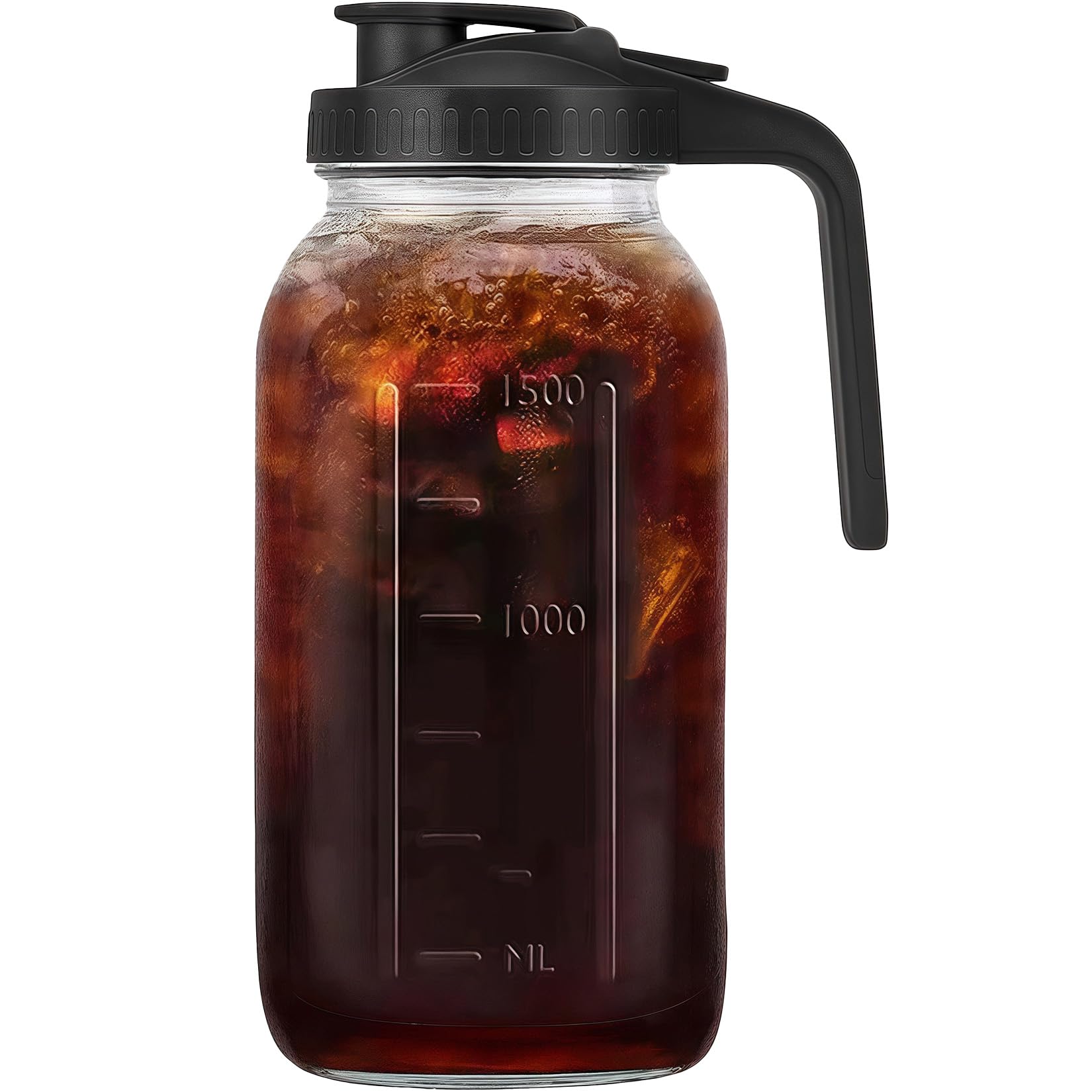 64oz Glass Pitcher with Handle and Lid, 2 Quart Mason Jar Pitcher - Airtight & Leakproof Water Jug with Pour Spout Lid, Glass Containers for Fridge, Perfect for Juice, Cold Brew, Iced & Sun Tea