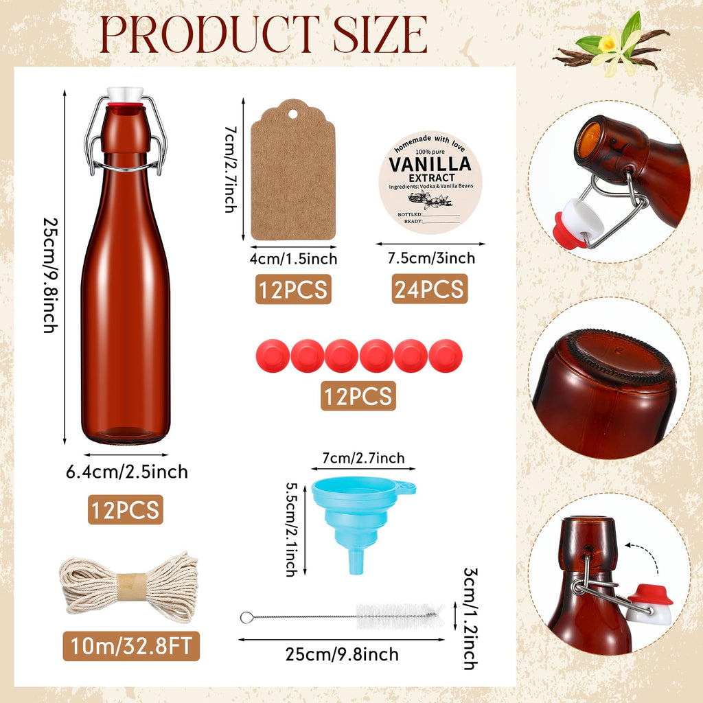 Vesici 8 Sets Swing Top Glass Bottles Set Amber Homemade Vanilla Extract Bottles Vanilla Extract Jars for Christmas DIY Crafts (4 oz)