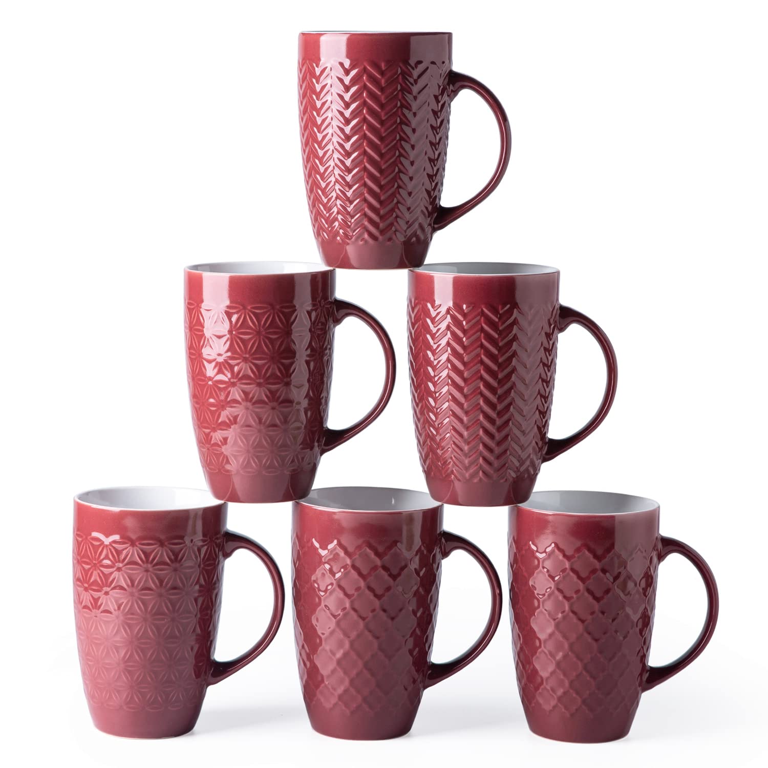 AmorArc Extra Large Coffee Mugs Set of 6, 20oz Ceramic Tall Coffee Mugs Set with Textured Geometric Patterns for Coffee/Tea/Beer/Hot Cocoa, Dishwasher & Microwave Safe,Beige