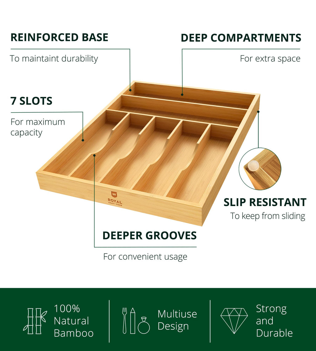 ROYAL CRAFT WOOD Luxury Bamboo Kitchen Drawer Organizer - Silverware Organizer, Utensil Holder & Cutlery Tray Drawer Dividers for Flatware (9 Slot, Natural)