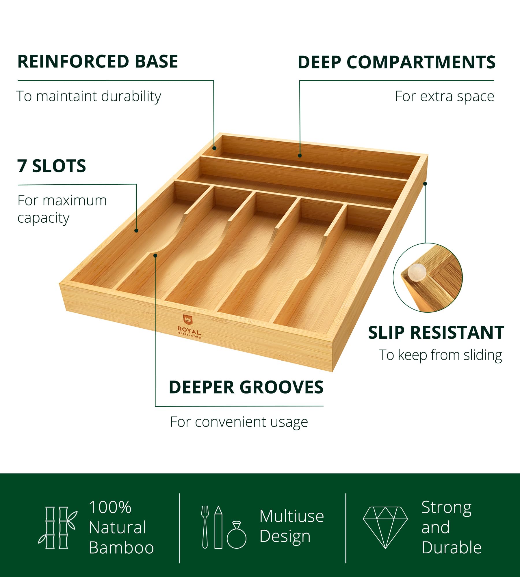 ROYAL CRAFT WOOD Luxury Bamboo Kitchen Drawer Organizer - Silverware Organizer, Utensil Holder & Cutlery Tray Drawer Dividers for Flatware (9 Slot, Natural)