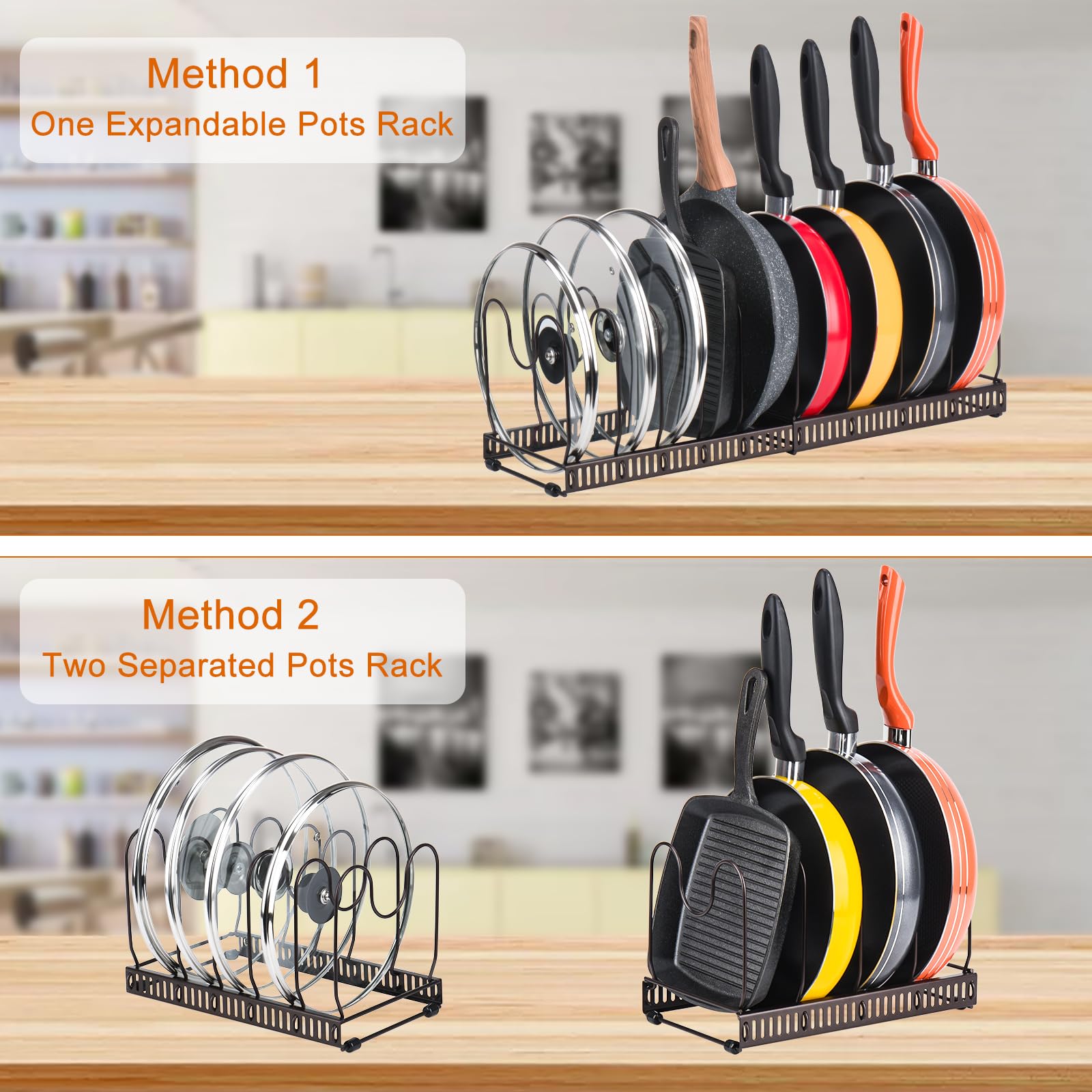 Toplife Pots and Pans Organizer Rack for Cabinet and Countertop, 10+ Pot Lids, Bakeware and Cookware Holder with 10 Adjustable Compartments - Black
