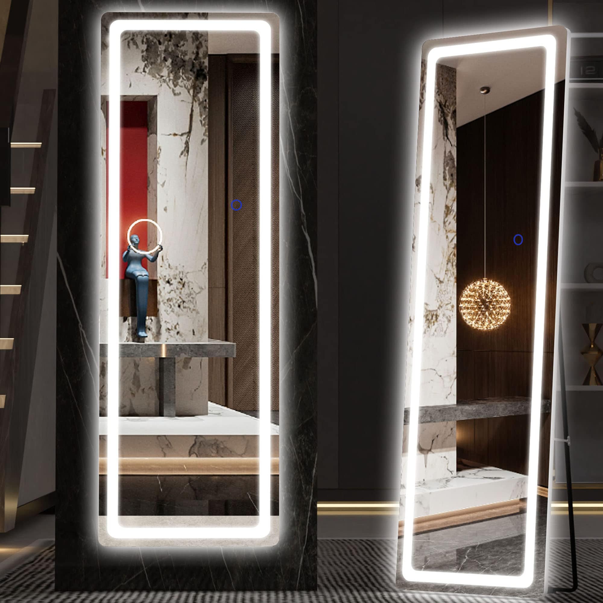 Hasipu Full Length Mirror with Lights, 79" x 36" LED Lighted Floor Standing, Full Body Dressing Hanging Mounted Mirror, Tempered Glass, Square Black