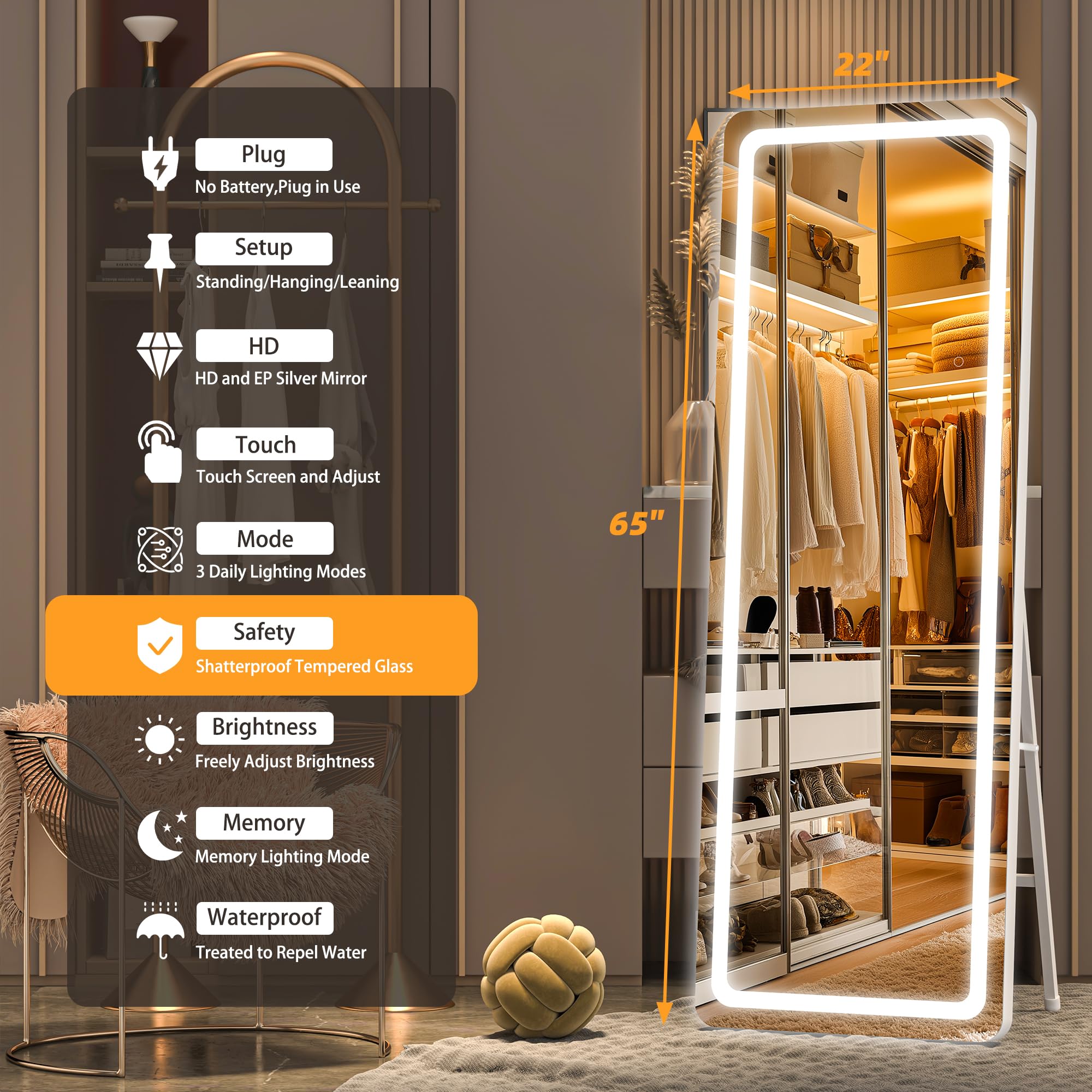 Hasipu Full Length Mirror with Lights, 79" x 36" LED Lighted Floor Standing, Full Body Dressing Hanging Mounted Mirror, Tempered Glass, Square Black