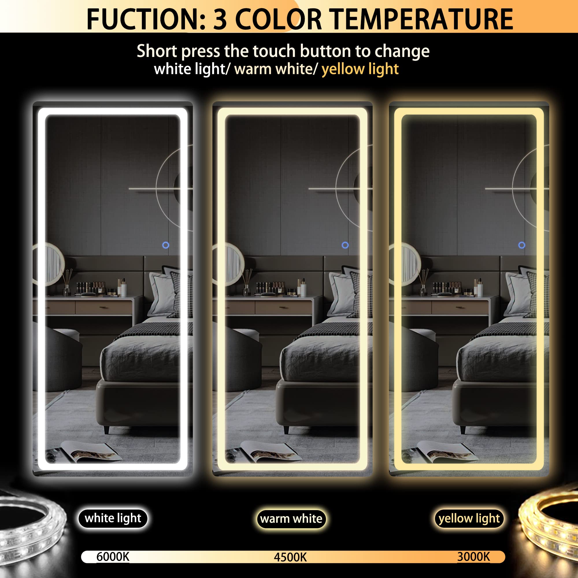 Hasipu Full Length Mirror with Lights, 79" x 36" LED Lighted Floor Standing, Full Body Dressing Hanging Mounted Mirror, Tempered Glass, Square Black