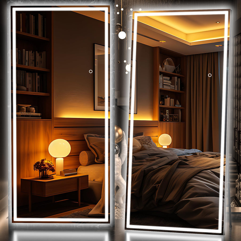 Hasipu Full Length Mirror with Lights, 79" x 36" LED Lighted Floor Standing, Full Body Dressing Hanging Mounted Mirror, Tempered Glass, Square Black