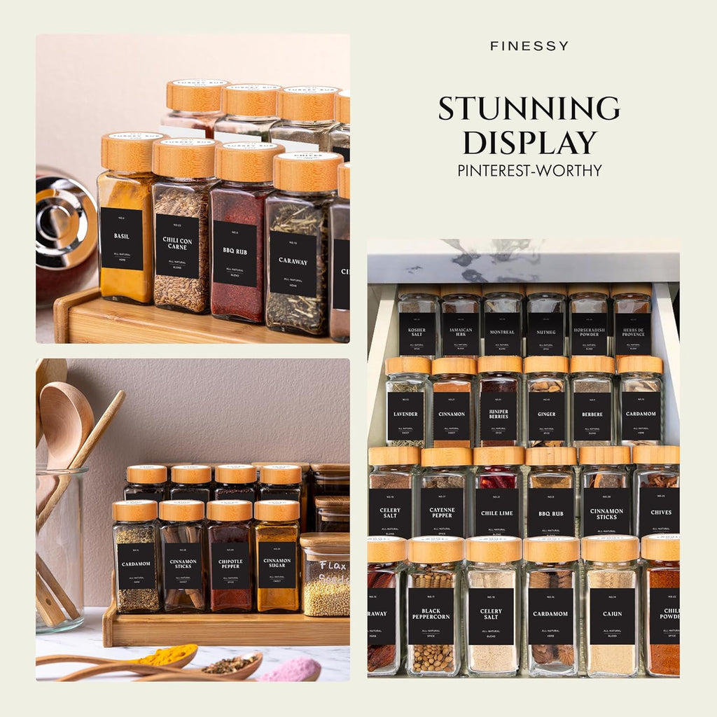 Glass Spice Jars with Label with Bamboo Lids Minimalist 36 Pack Set, 4oz Clear Empty Bottles Seasoning Organizer Jars with Shaker Lids, Small Square Airtight Spice Seasoning Containers Herb Storage