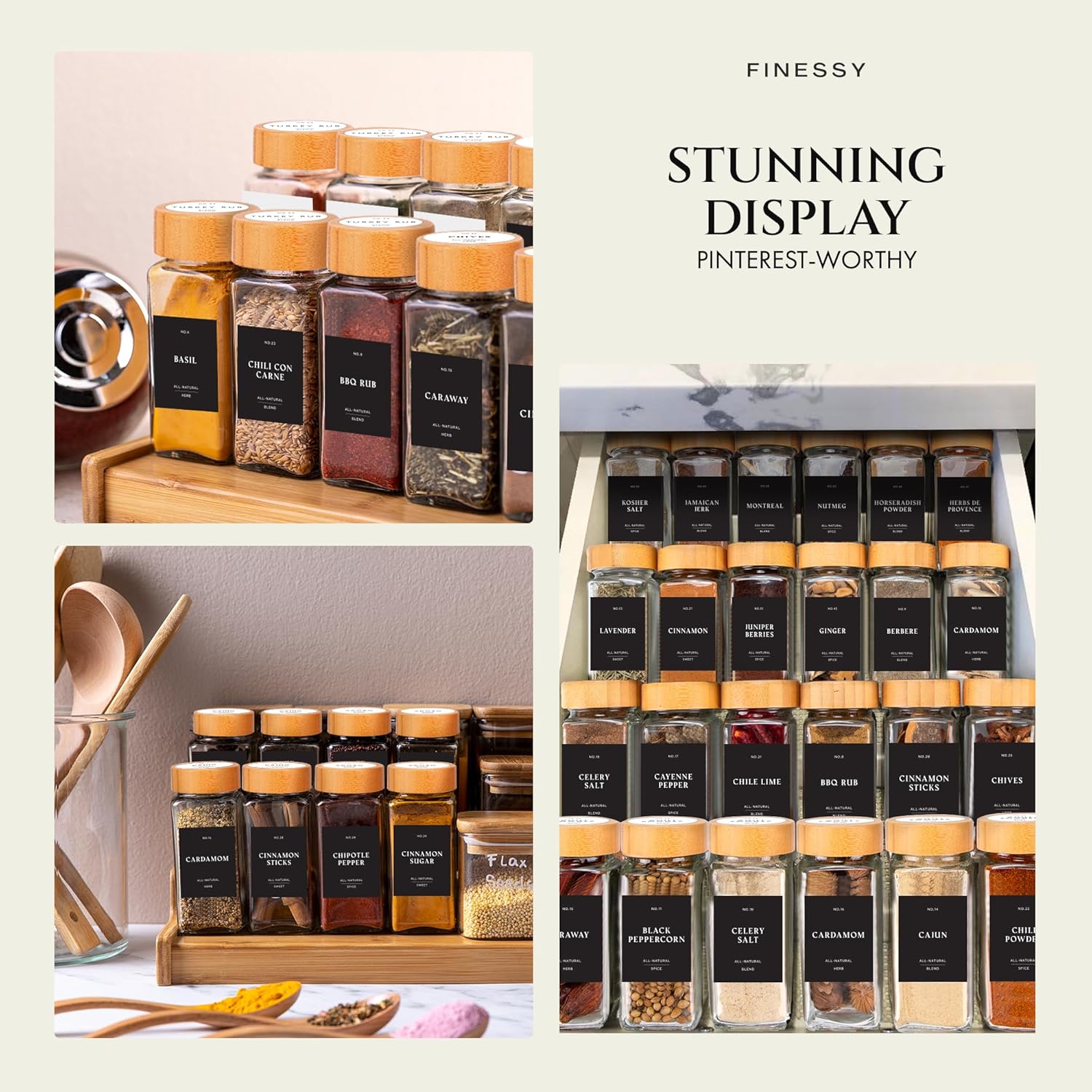 Glass Spice Jars with Label with Bamboo Lids Minimalist 36 Pack Set, 4oz Clear Empty Bottles Seasoning Organizer Jars with Shaker Lids, Small Square Airtight Spice Seasoning Containers Herb Storage