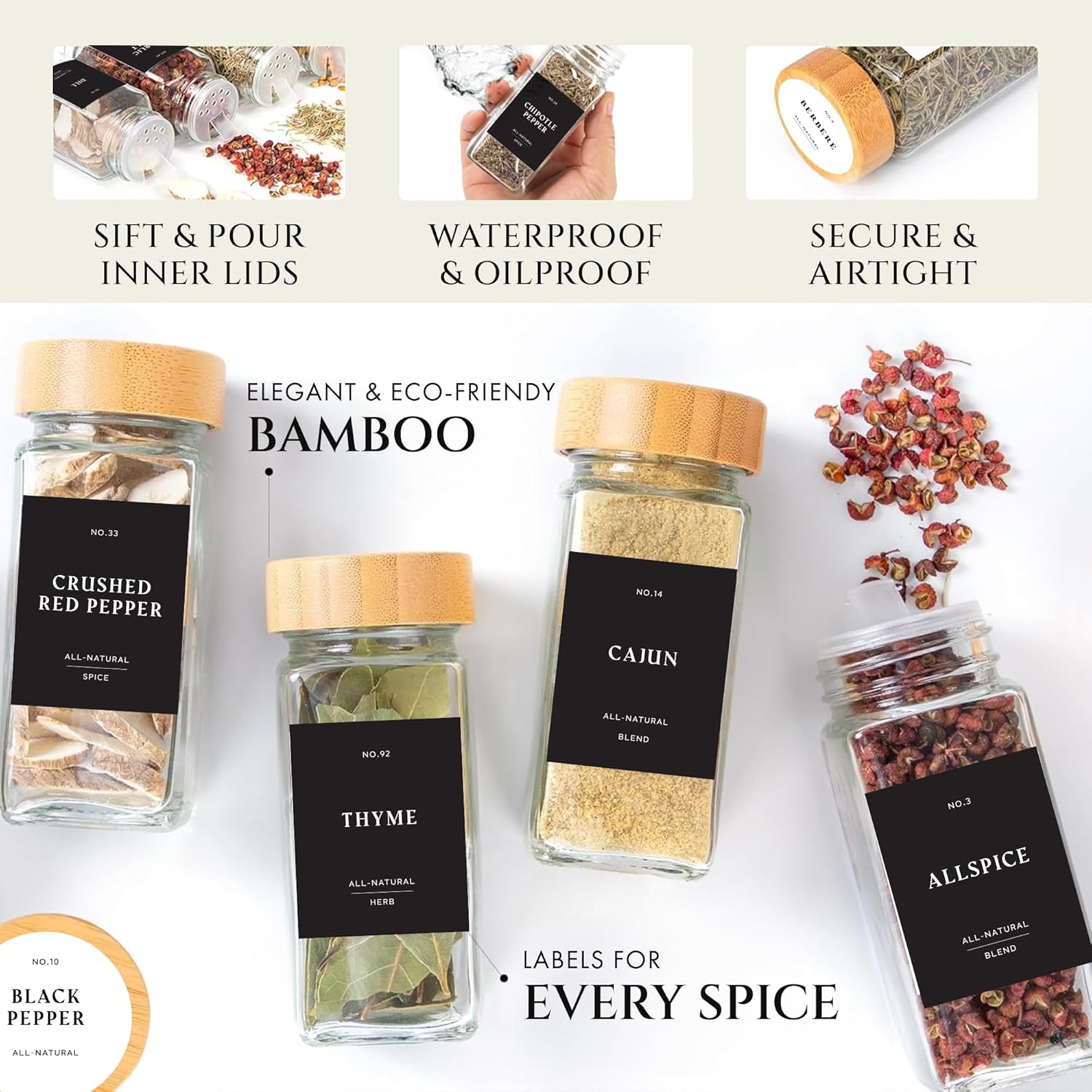 Glass Spice Jars with Label with Bamboo Lids Minimalist 36 Pack Set, 4oz Clear Empty Bottles Seasoning Organizer Jars with Shaker Lids, Small Square Airtight Spice Seasoning Containers Herb Storage