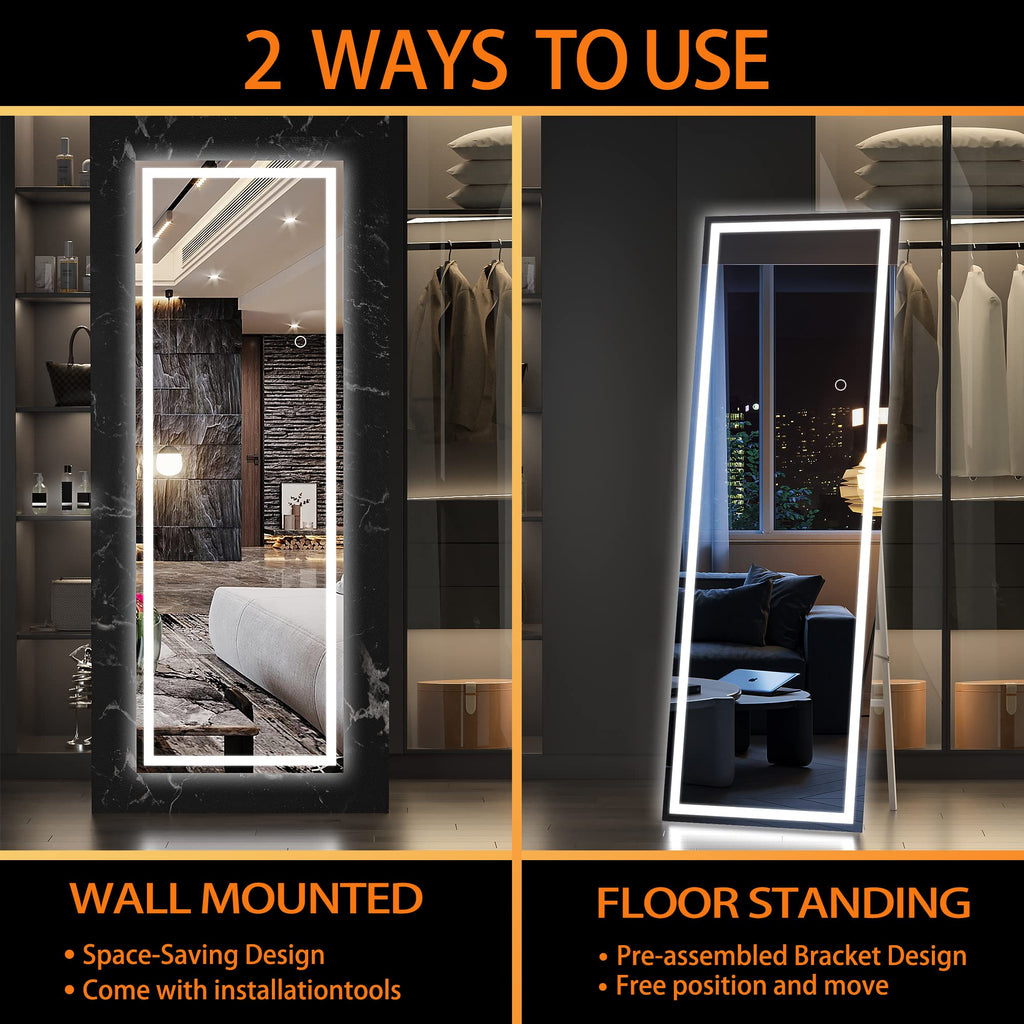 Hasipu Full Length Mirror with Lights, 79" x 36" LED Lighted Floor Standing, Full Body Dressing Hanging Mounted Mirror, Tempered Glass, Square Black
