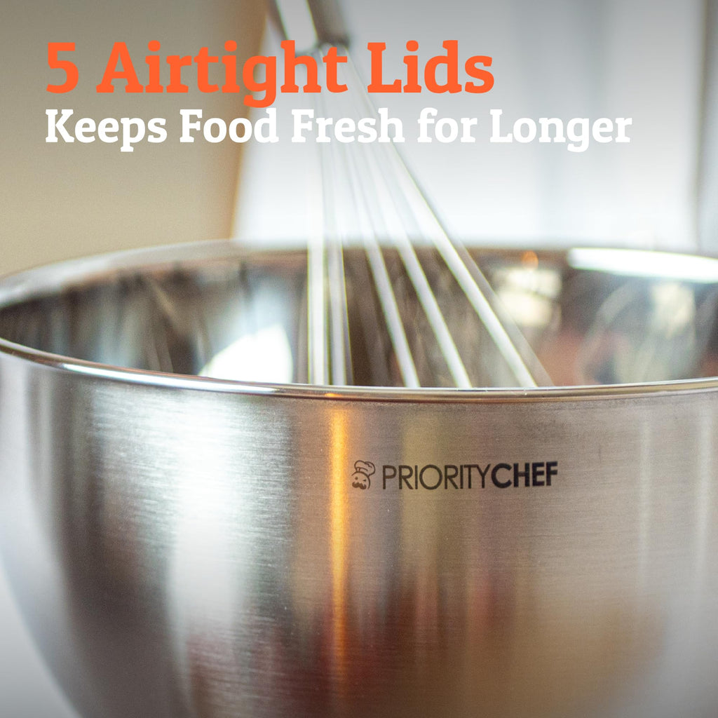 Priority Chef Premium Mixing Bowls With Lids Set, Airtight Lids, Thicker Stainless Steel, Non-Slip Base, 5 Nesting Steel Bowls for Kitchen, Large Prep Metal Bowl Set 1.5/2/3/4/5 Qt, Black