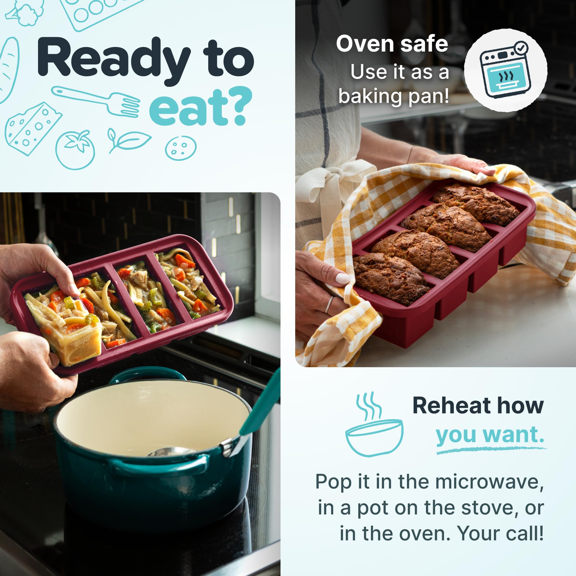 Souper Cubes 2 Cup Silicone Freezer Molds with Lids – Soup Cubes for Freezing Lasagna, Leftovers, Soups, Sauces, Casseroles, Meal Prep Meals and More – Aqua 2-Pack