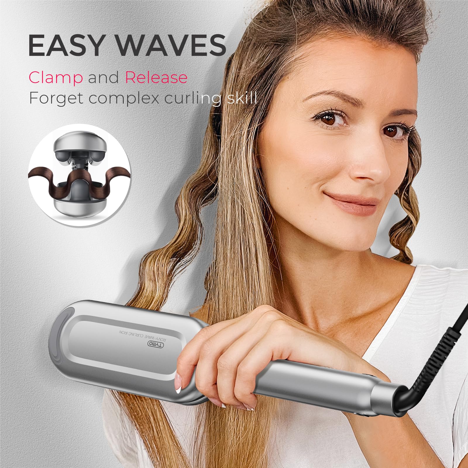 Curling Iron Hair Crimper Waver - TYMO ROVY Beach Waves Curling Wand, Ionic Deep Waver Hair Curler Tool with Ceramic 3 Barrel for Women, Dual Voltage, Anti-Scald, Easy to Use, Pink, 1.25 Inch