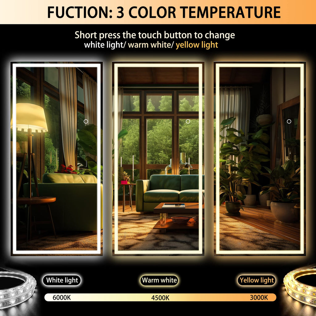 Hasipu Full Length Mirror with Lights, 79" x 36" LED Lighted Floor Standing, Full Body Dressing Hanging Mounted Mirror, Tempered Glass, Square Black