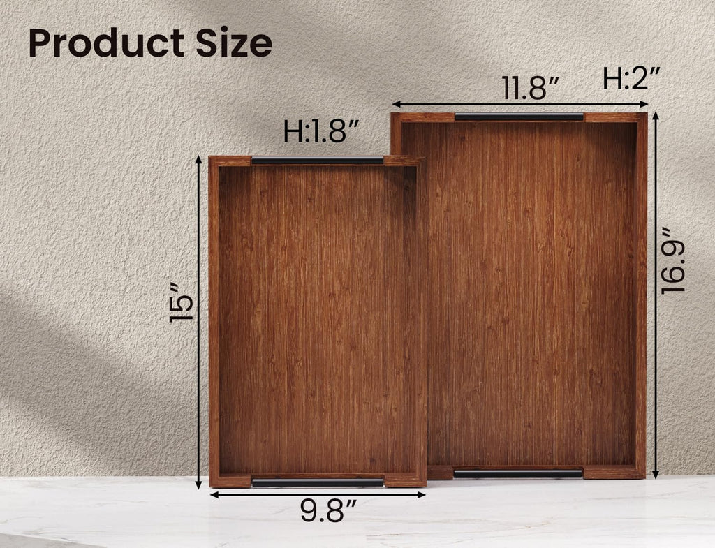 Bamboo Set of 2 Serving Tray with Metal Handles,Ottoman Decorative Trays Platter for Coffee Table,Living Room,Bar,Party(Black)