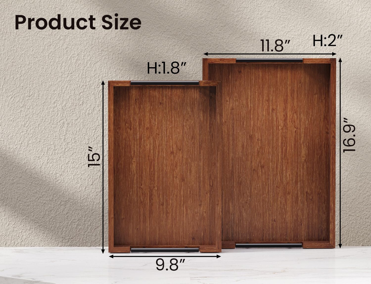 Bamboo Set of 2 Serving Tray with Metal Handles,Ottoman Decorative Trays Platter for Coffee Table,Living Room,Bar,Party(Black)