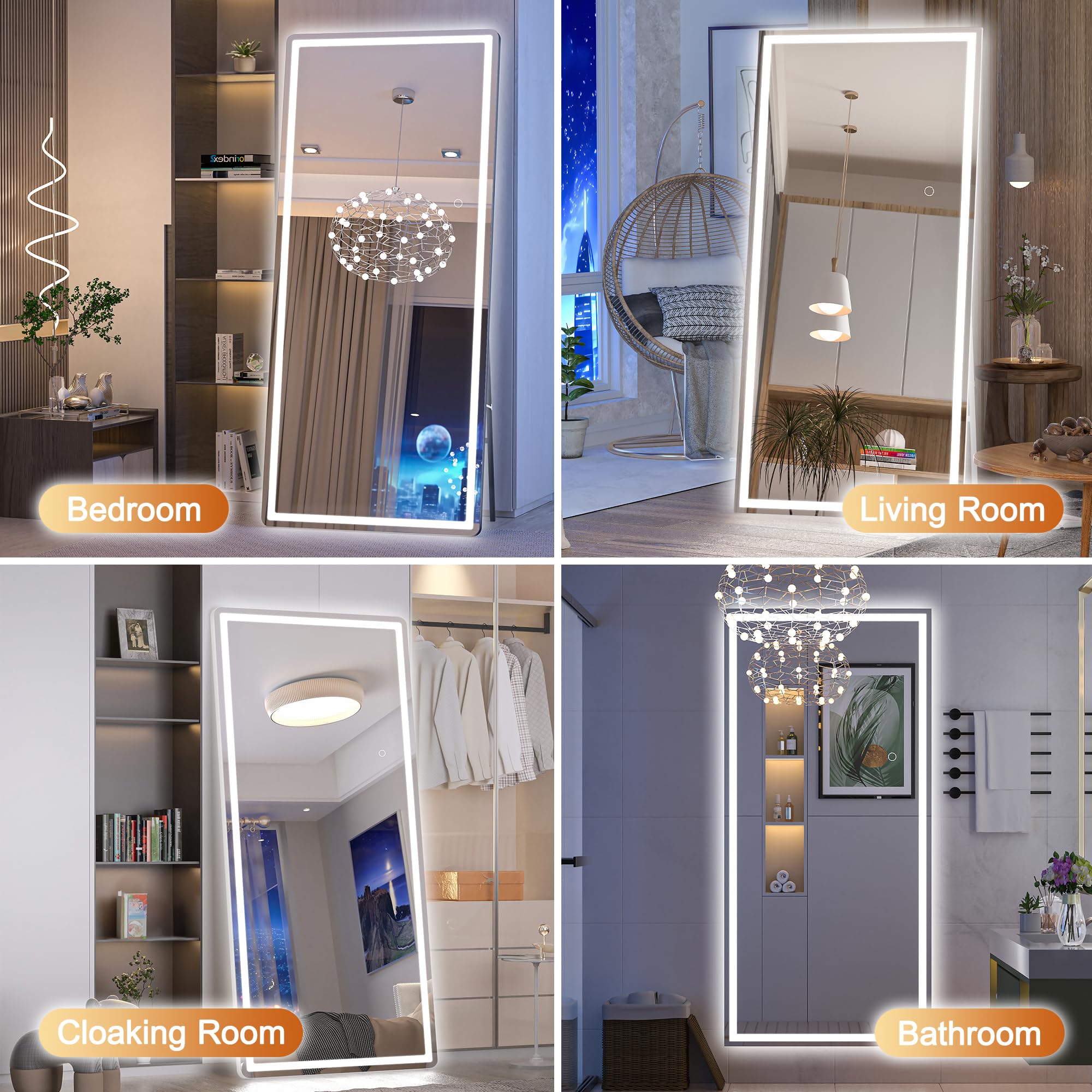 Hasipu Full Length Mirror with Lights, 79" x 36" LED Lighted Floor Standing, Full Body Dressing Hanging Mounted Mirror, Tempered Glass, Square Black