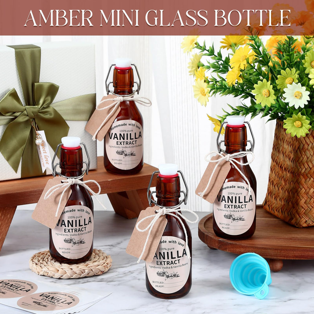 Vesici 8 Sets Swing Top Glass Bottles Set Amber Homemade Vanilla Extract Bottles Vanilla Extract Jars for Christmas DIY Crafts (4 oz)