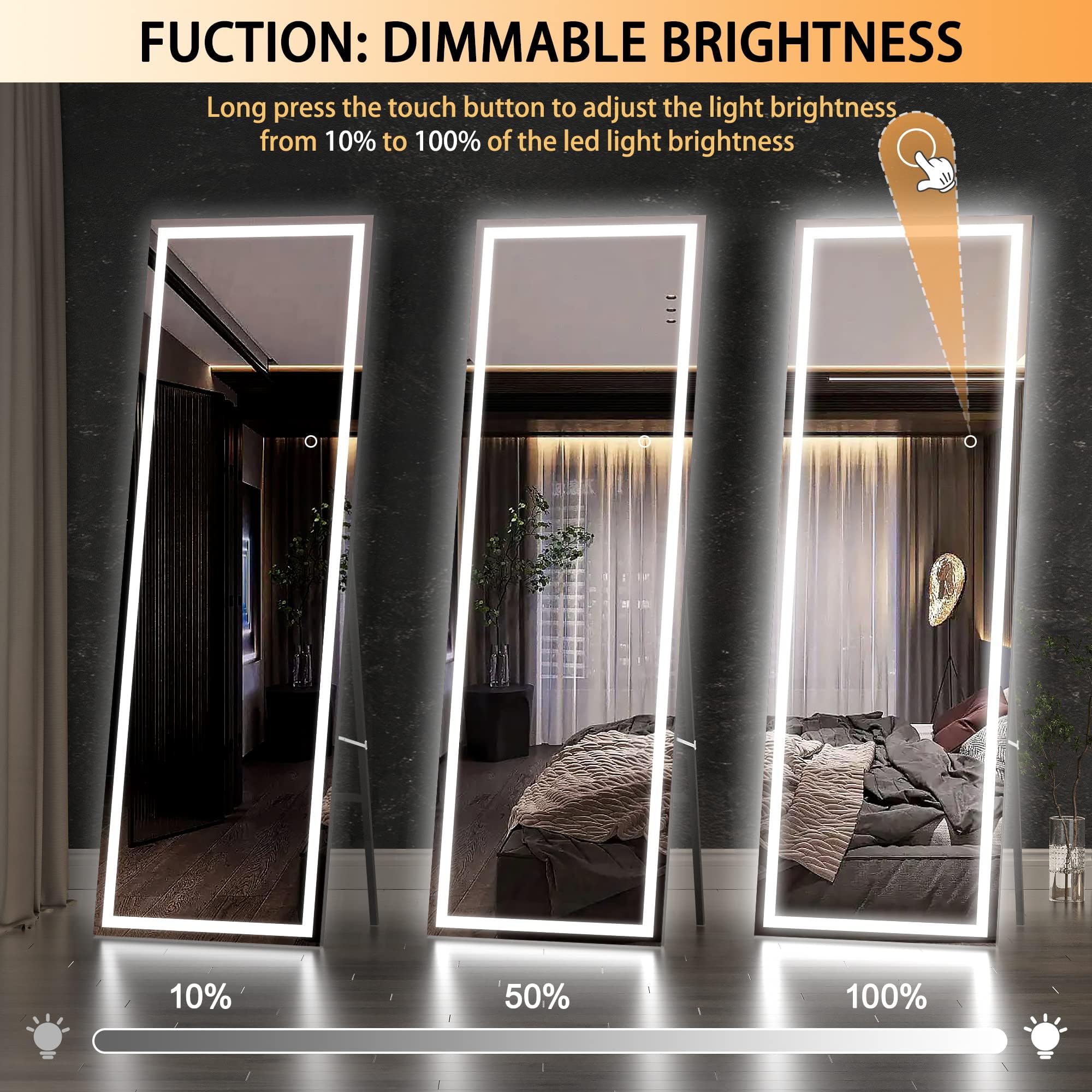 Hasipu Full Length Mirror with Lights, 79" x 36" LED Lighted Floor Standing, Full Body Dressing Hanging Mounted Mirror, Tempered Glass, Square Black