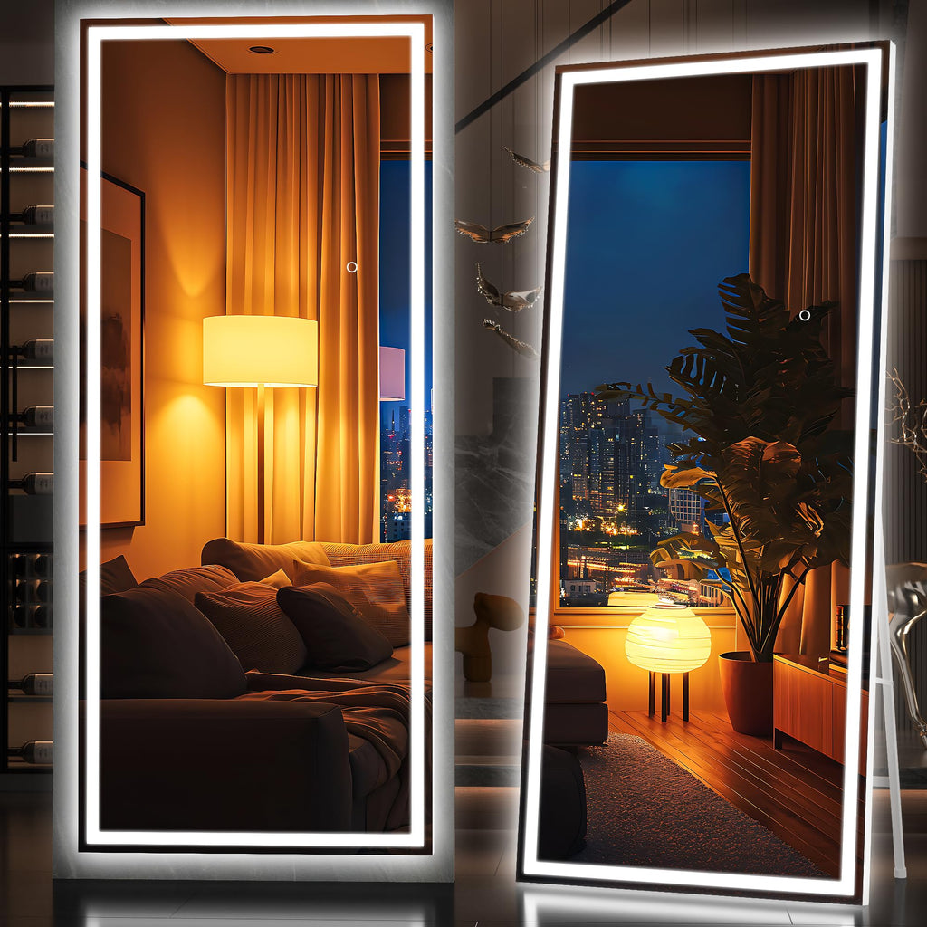 Hasipu Full Length Mirror with Lights, 79" x 36" LED Lighted Floor Standing, Full Body Dressing Hanging Mounted Mirror, Tempered Glass, Square Black