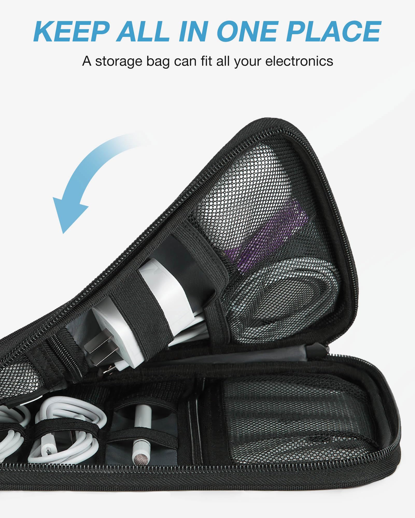 BAGSMART Large Electronics Travel Organizer Case, Tech Accessories Cord Storage Bag for Phone, Power Bank, SD Card, Cables, Black