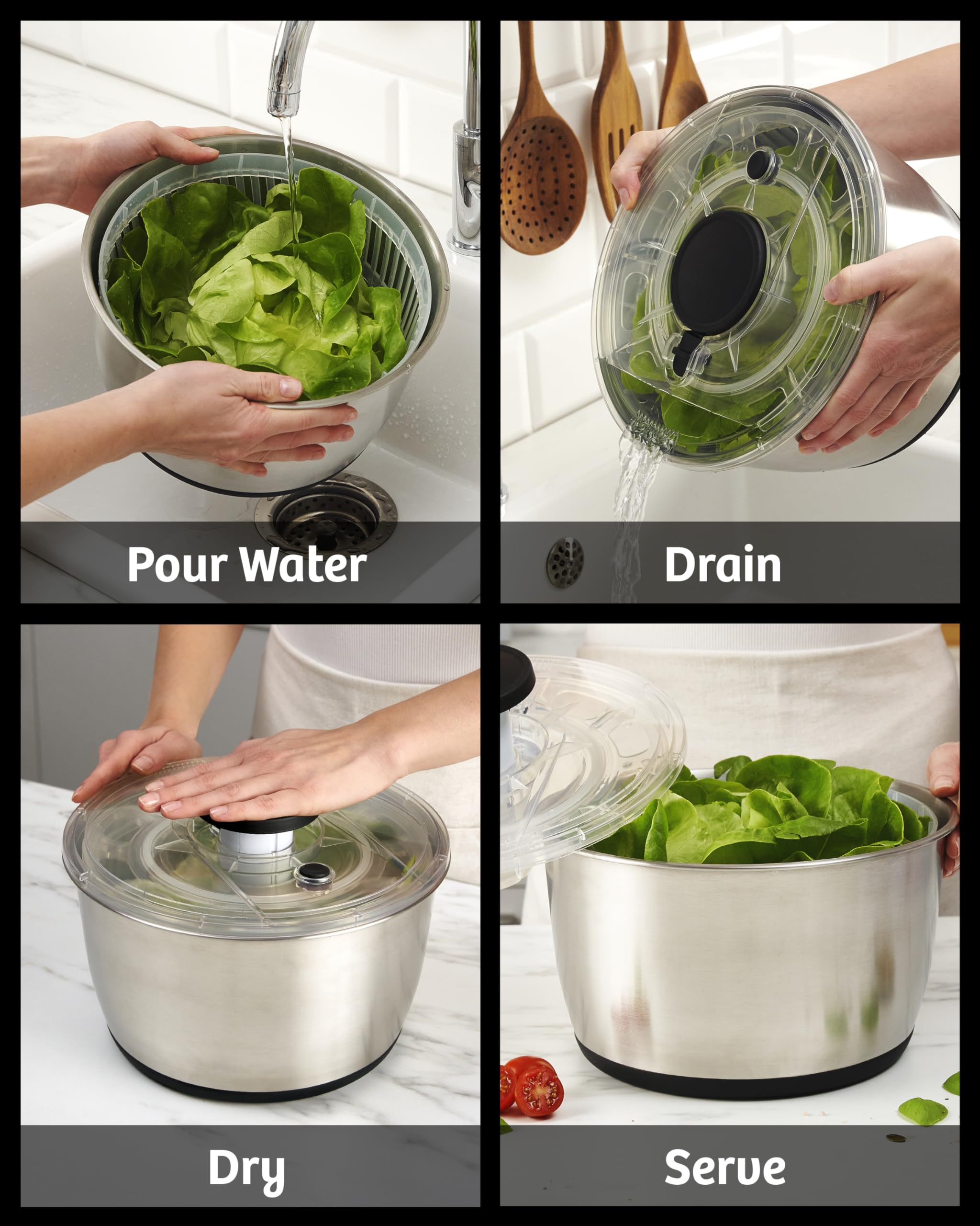 Stainless Steel Pump Salad Spinner Large - Easy Compact Kitchen Tool - Stainless Steel Bowl, Drain & Colander - Lettuce Spinner, Vegetable Dryer, Fruit Washer, Pasta & Fries Produce Strainer - 6.33 Qt