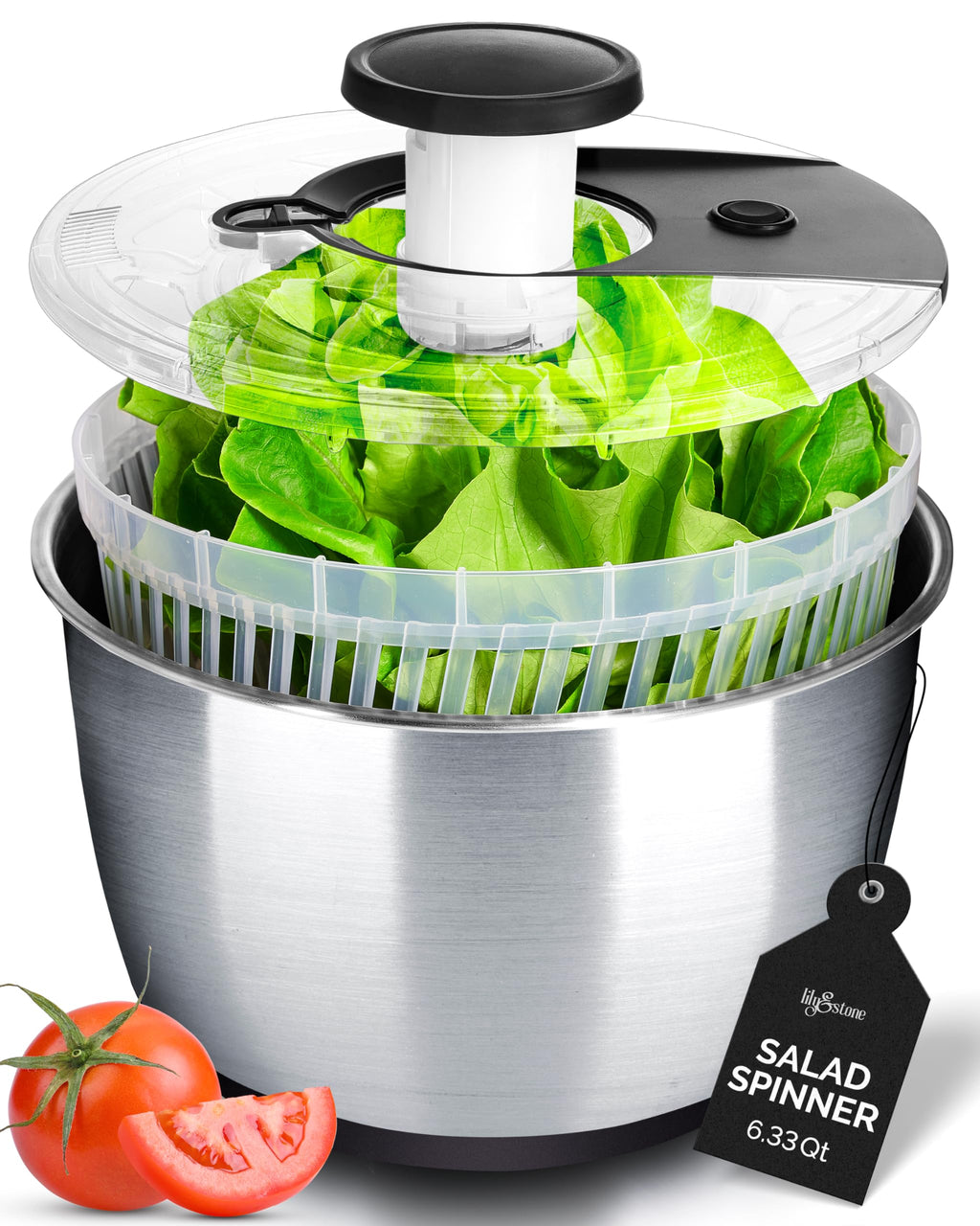 Stainless Steel Pump Salad Spinner Large - Easy Compact Kitchen Tool - Stainless Steel Bowl, Drain & Colander - Lettuce Spinner, Vegetable Dryer, Fruit Washer, Pasta & Fries Produce Strainer - 6.33 Qt
