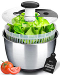 Stainless Steel Pump Salad Spinner Large - Easy Compact Kitchen Tool - Stainless Steel Bowl, Drain & Colander - Lettuce Spinner, Vegetable Dryer, Fruit Washer, Pasta & Fries Produce Strainer - 6.33 Qt