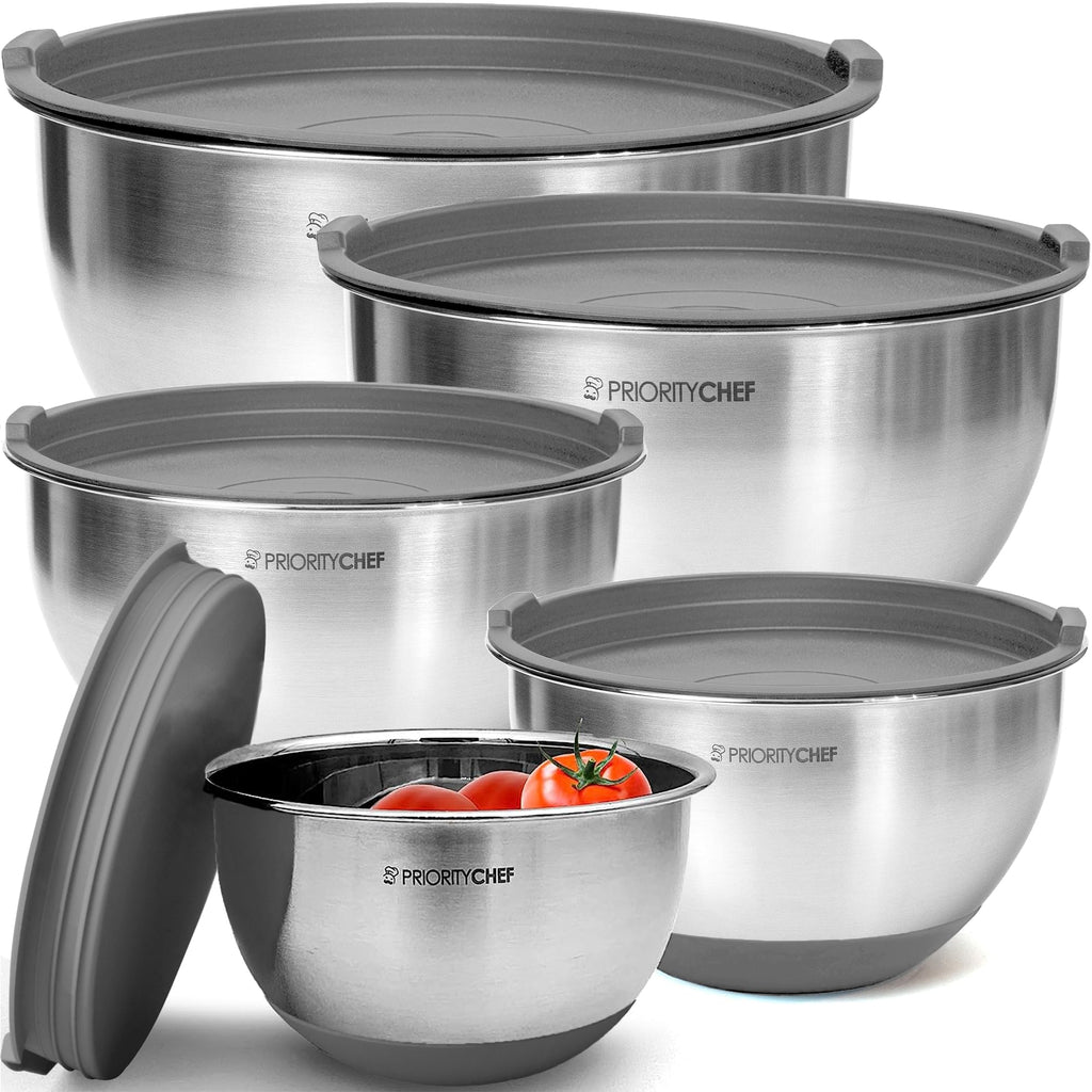Priority Chef Premium Mixing Bowls With Lids Set, Airtight Lids, Thicker Stainless Steel, Non-Slip Base, 5 Nesting Steel Bowls for Kitchen, Large Prep Metal Bowl Set 1.5/2/3/4/5 Qt, Black
