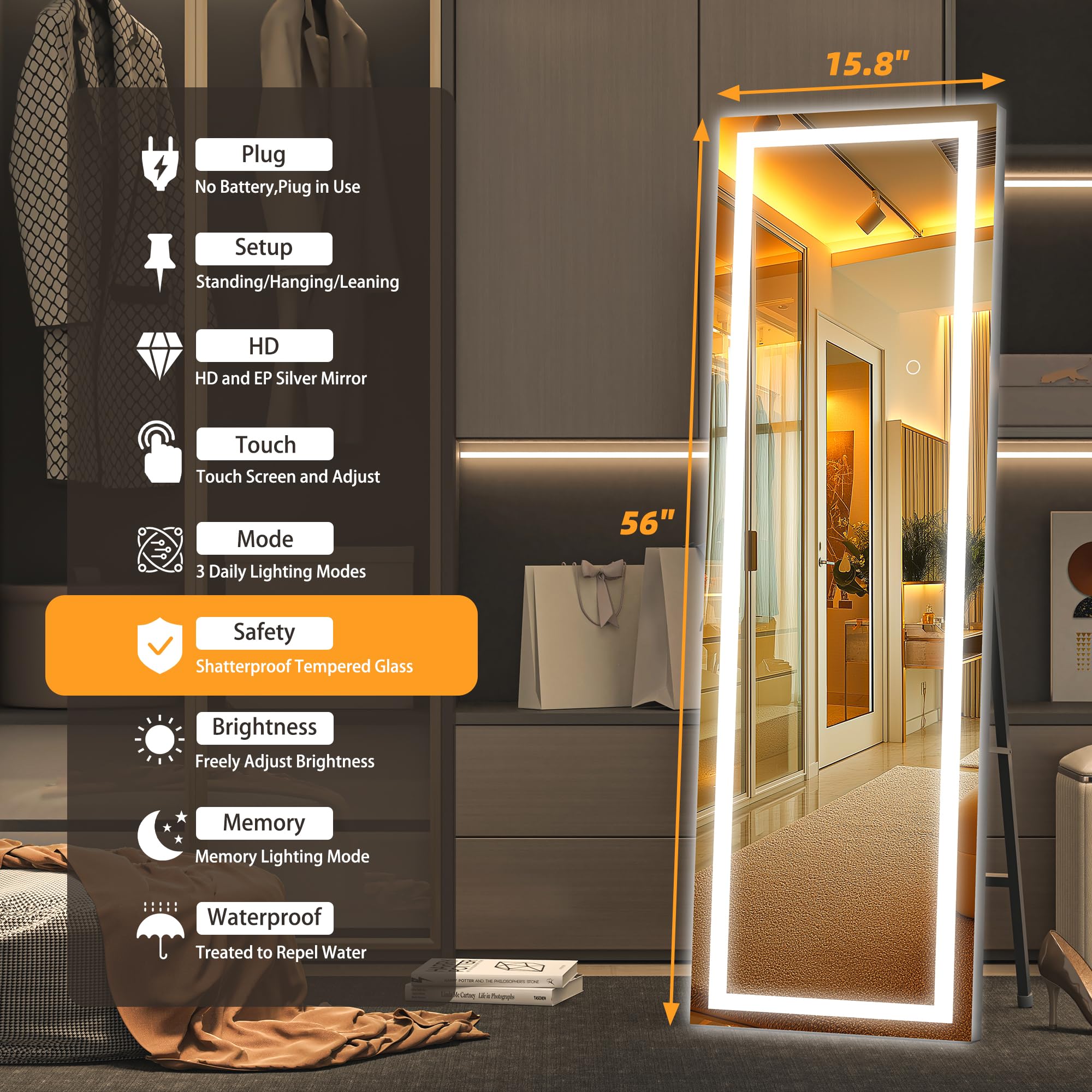Hasipu Full Length Mirror with Lights, 79" x 36" LED Lighted Floor Standing, Full Body Dressing Hanging Mounted Mirror, Tempered Glass, Square Black