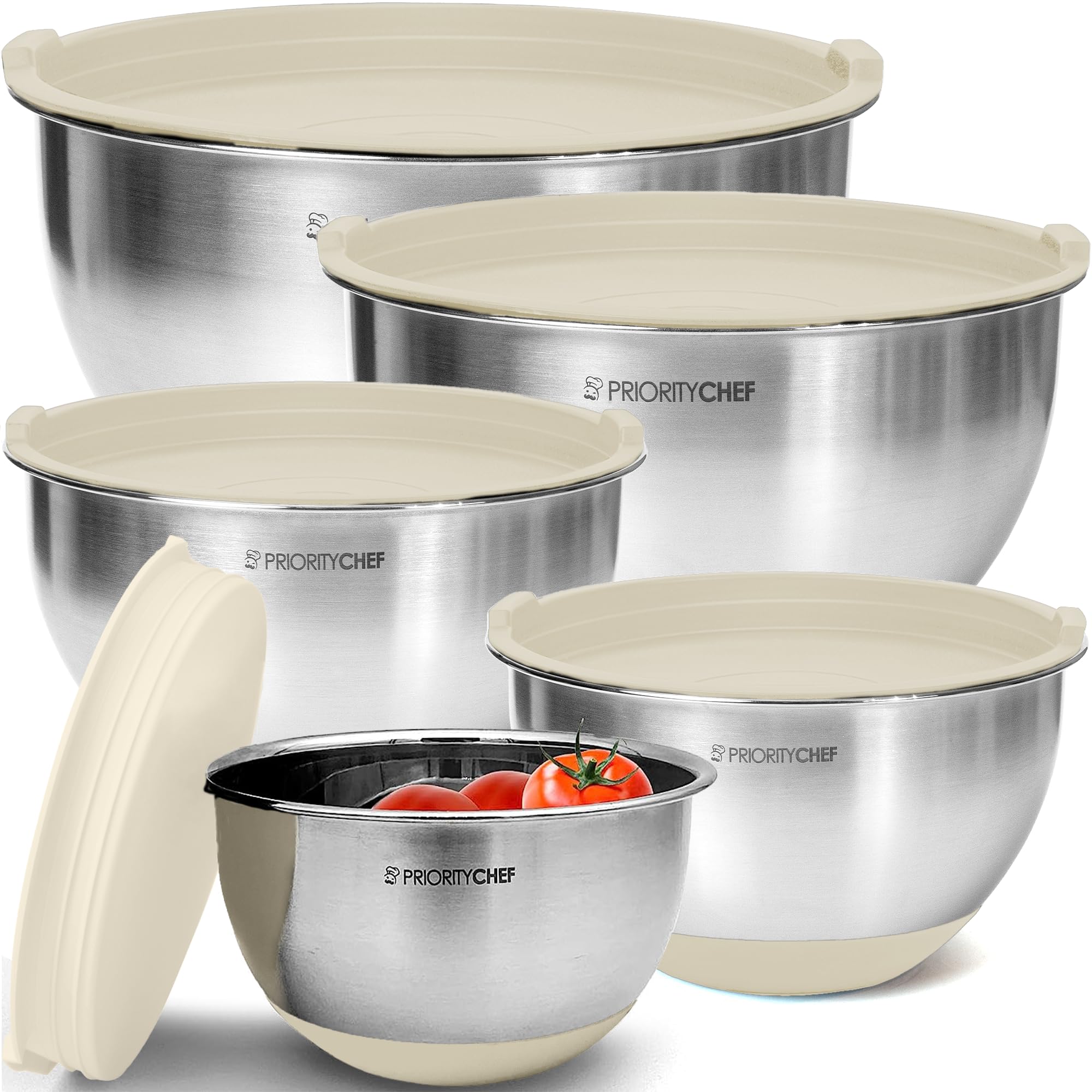 Priority Chef Premium Mixing Bowls With Lids Set, Airtight Lids, Thicker Stainless Steel, Non-Slip Base, 5 Nesting Steel Bowls for Kitchen, Large Prep Metal Bowl Set 1.5/2/3/4/5 Qt, Black