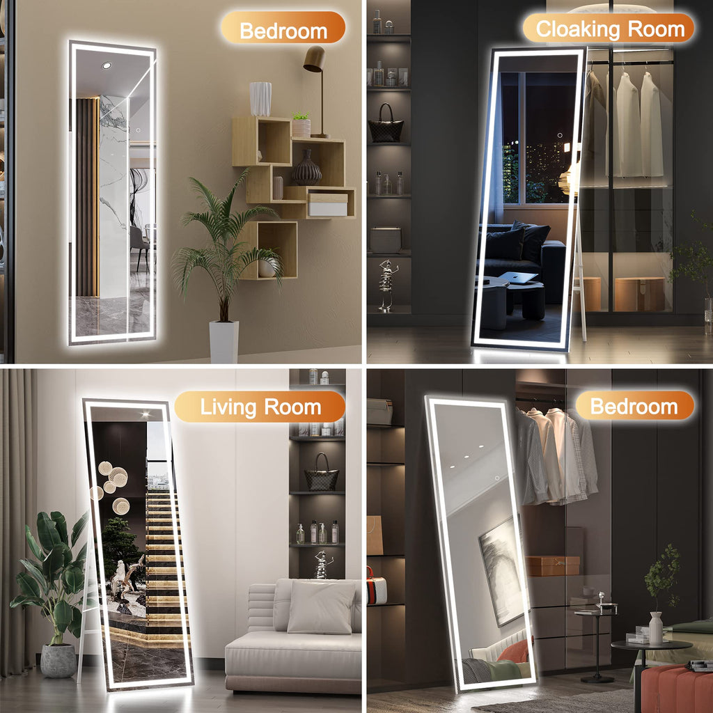 Hasipu Full Length Mirror with Lights, 79" x 36" LED Lighted Floor Standing, Full Body Dressing Hanging Mounted Mirror, Tempered Glass, Square Black